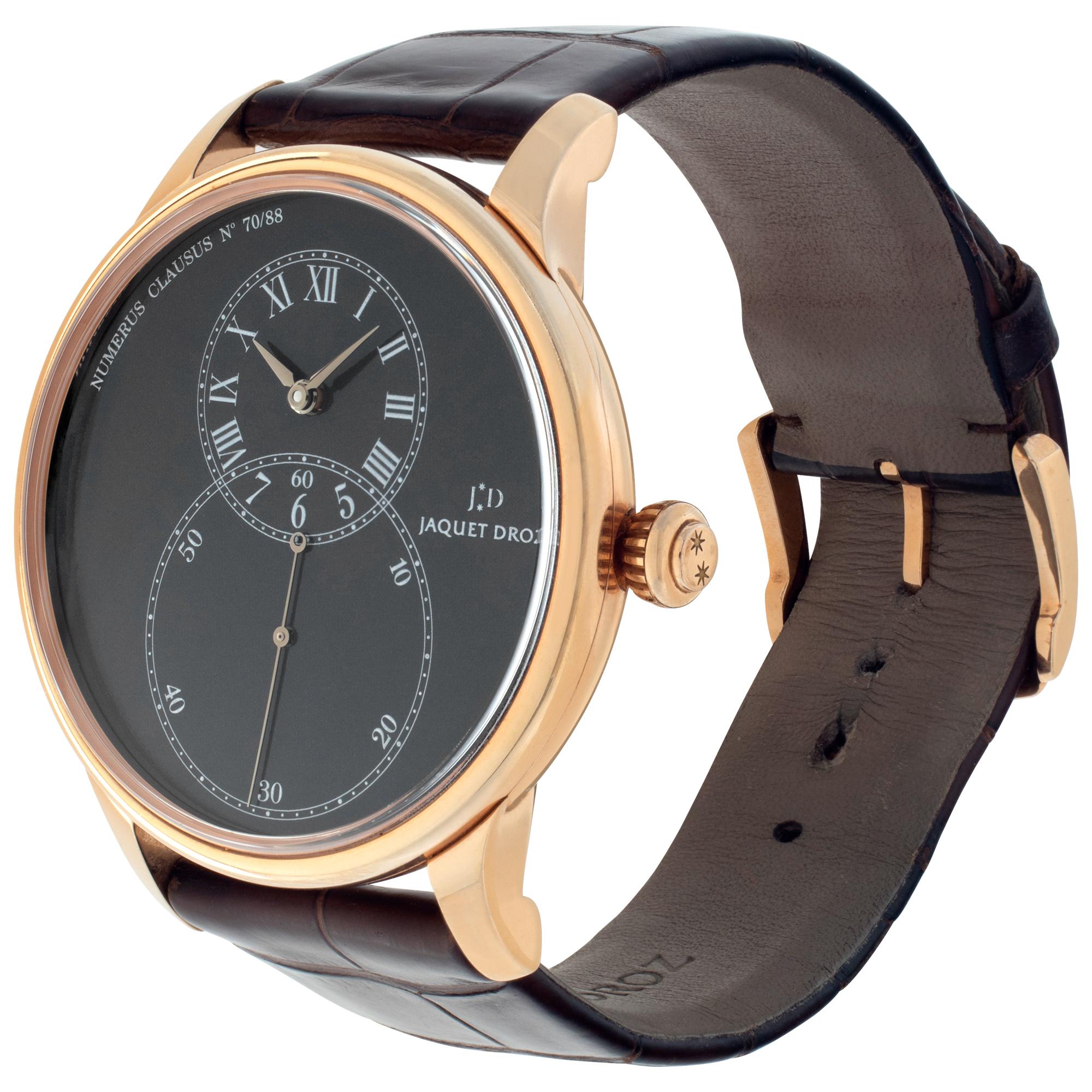 Jaquet Droz Classic in 18k rose gold on brown leather strap and original 18k rose gold JD tang buckle. Auto w/ subseconds. 41 mm case size. Ref J003033-42. Fine Pre-owned Jaquet Droz Watch. Certified preowned Dress Jaquet Droz Classic J003033-42