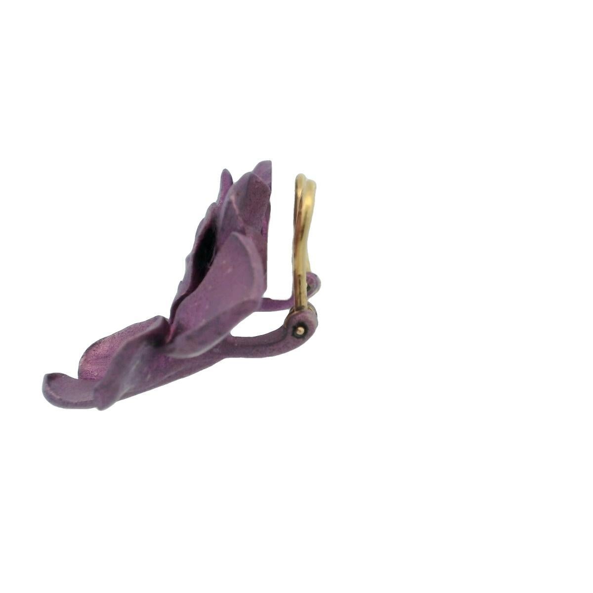 Jar Aluminum Pansy Earrings Paris 18K Yellow Gold Clip ons For Sale 4
