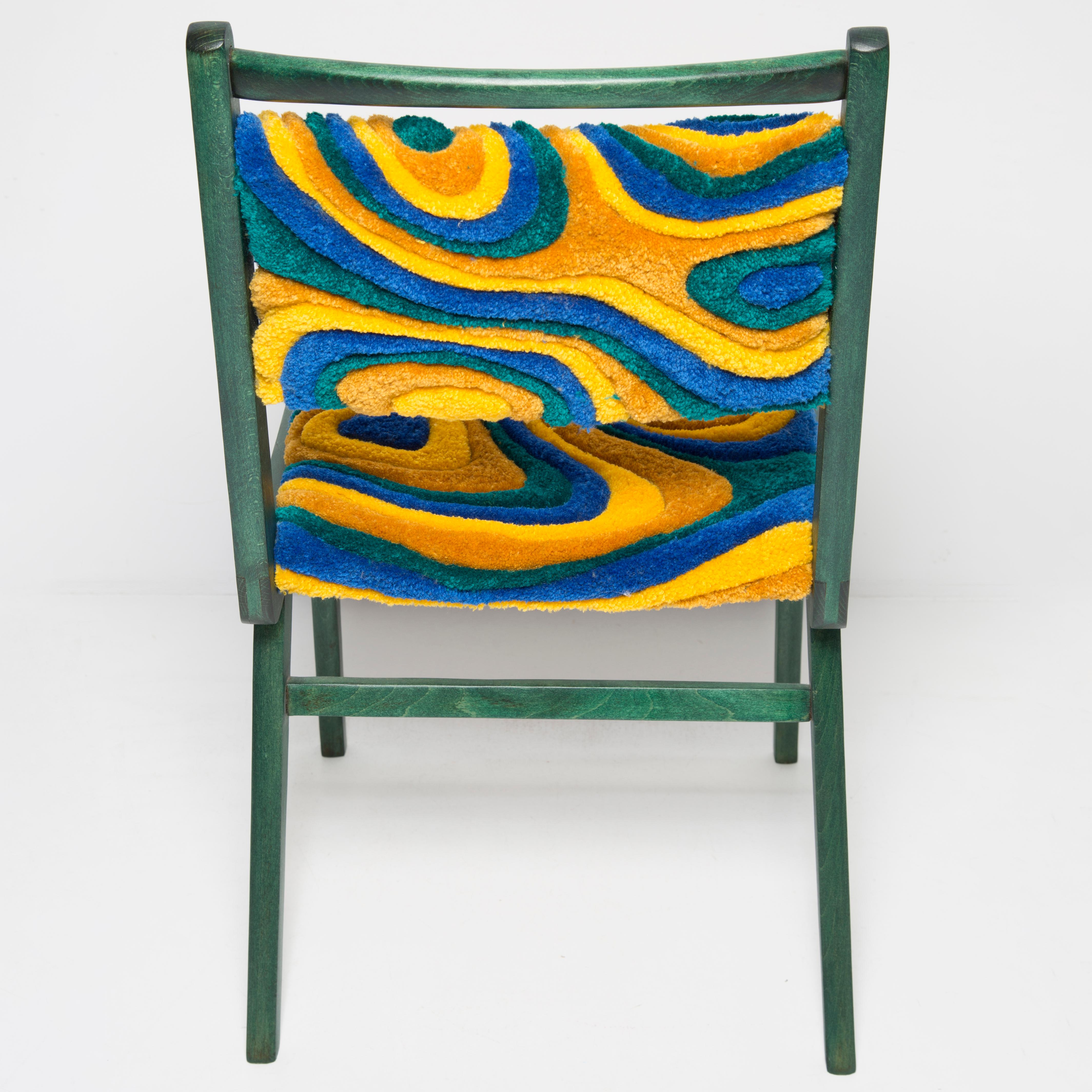 Fait main Chaise JAR en laine zébrée/jaune, siège Rajmund Halas touffeté à la main en vente