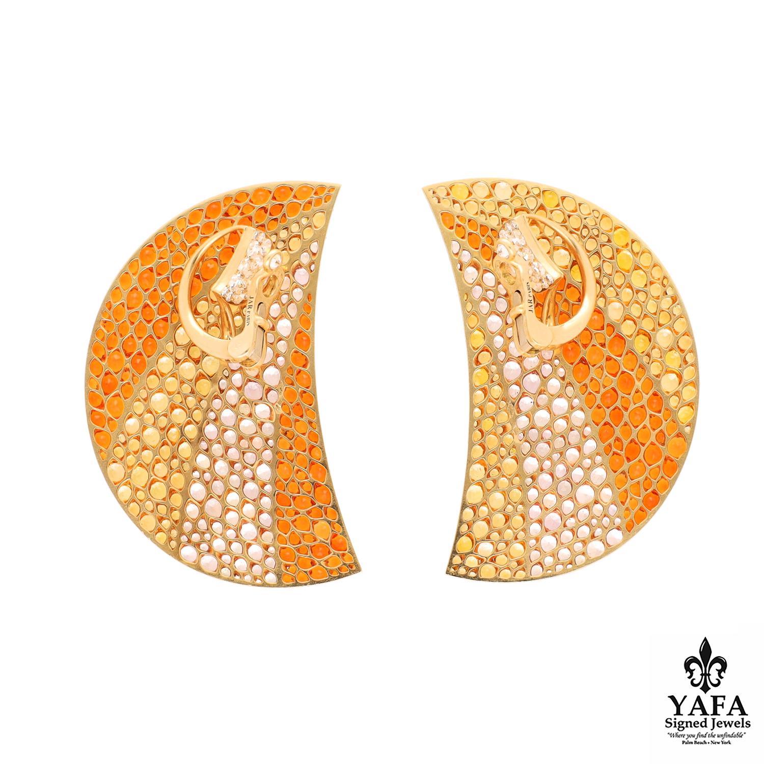 18K Yellow Gold, Yellow, and Pink Sapphire, Diamond with Fire Opal 'Crescent' Ear Clips.

French Assay Marks
Signed - JAR Paris
