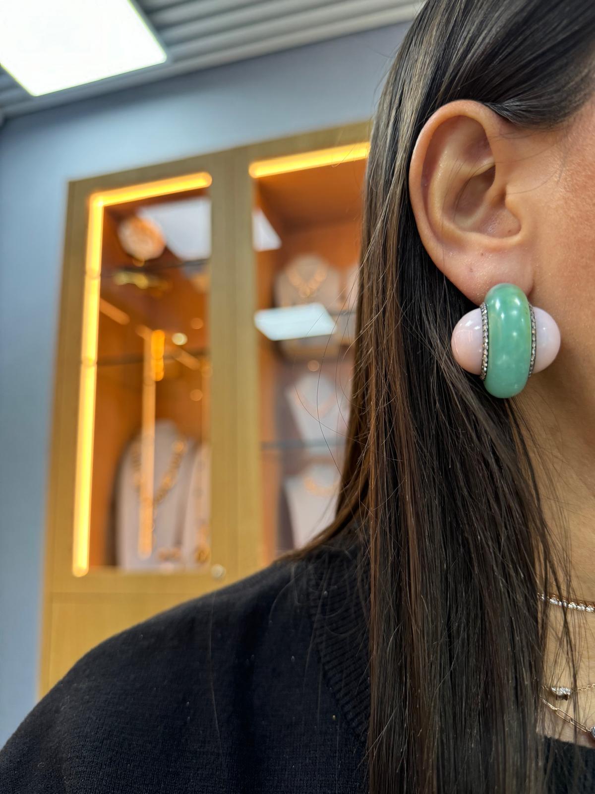 Cabochon JAR Diamond, Chrysoprase & Pink Opal Earrings