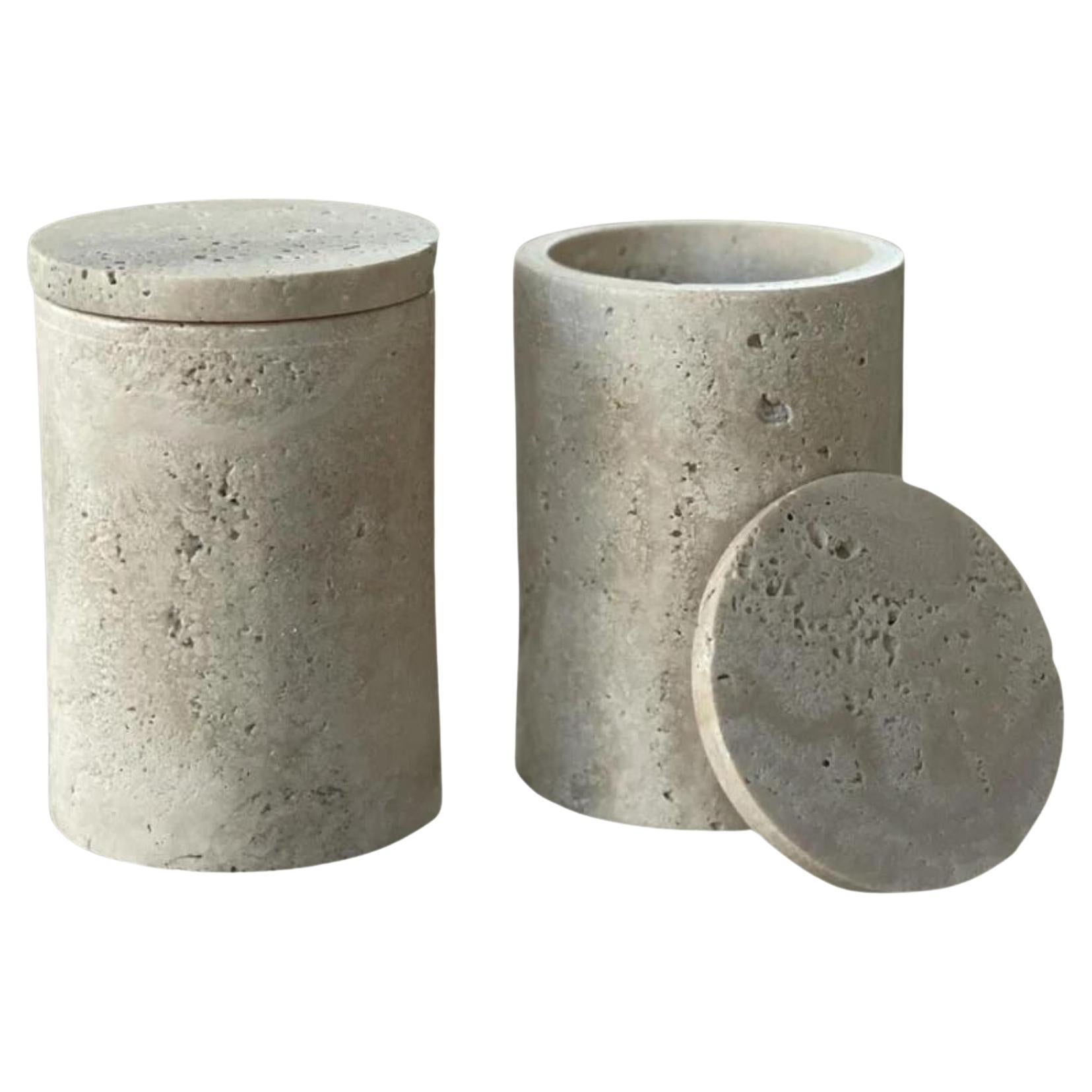 Jar Duo: Matching Vessels in Beige Travertine by Anastasio Home For Sale
