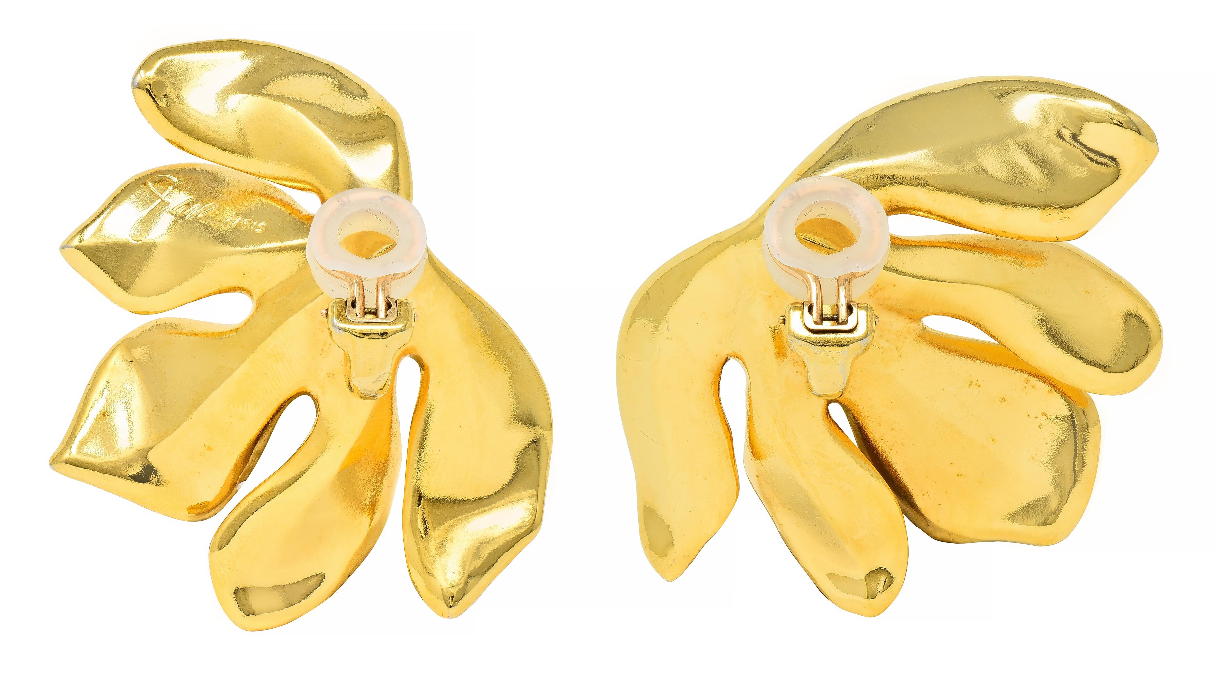 JAR French 18 Karat Gold Anodized Aluminum Fig Leaf Ear-Clip Earrings 1