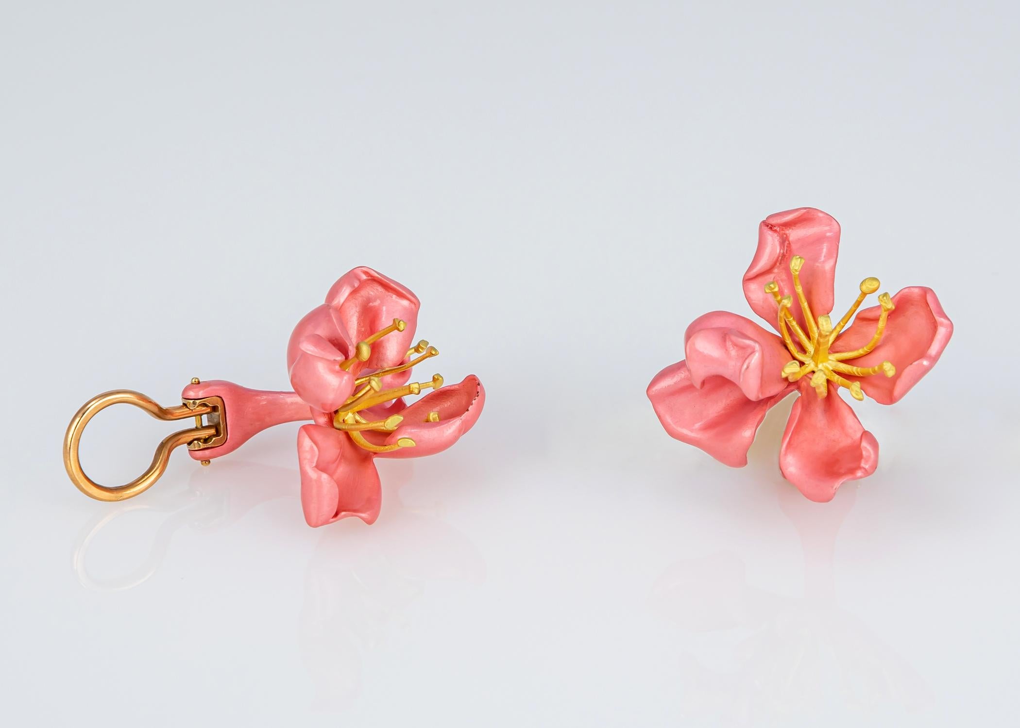 Contemporary JAR Gold, Silver and Enamel Almond Blossom Earrings