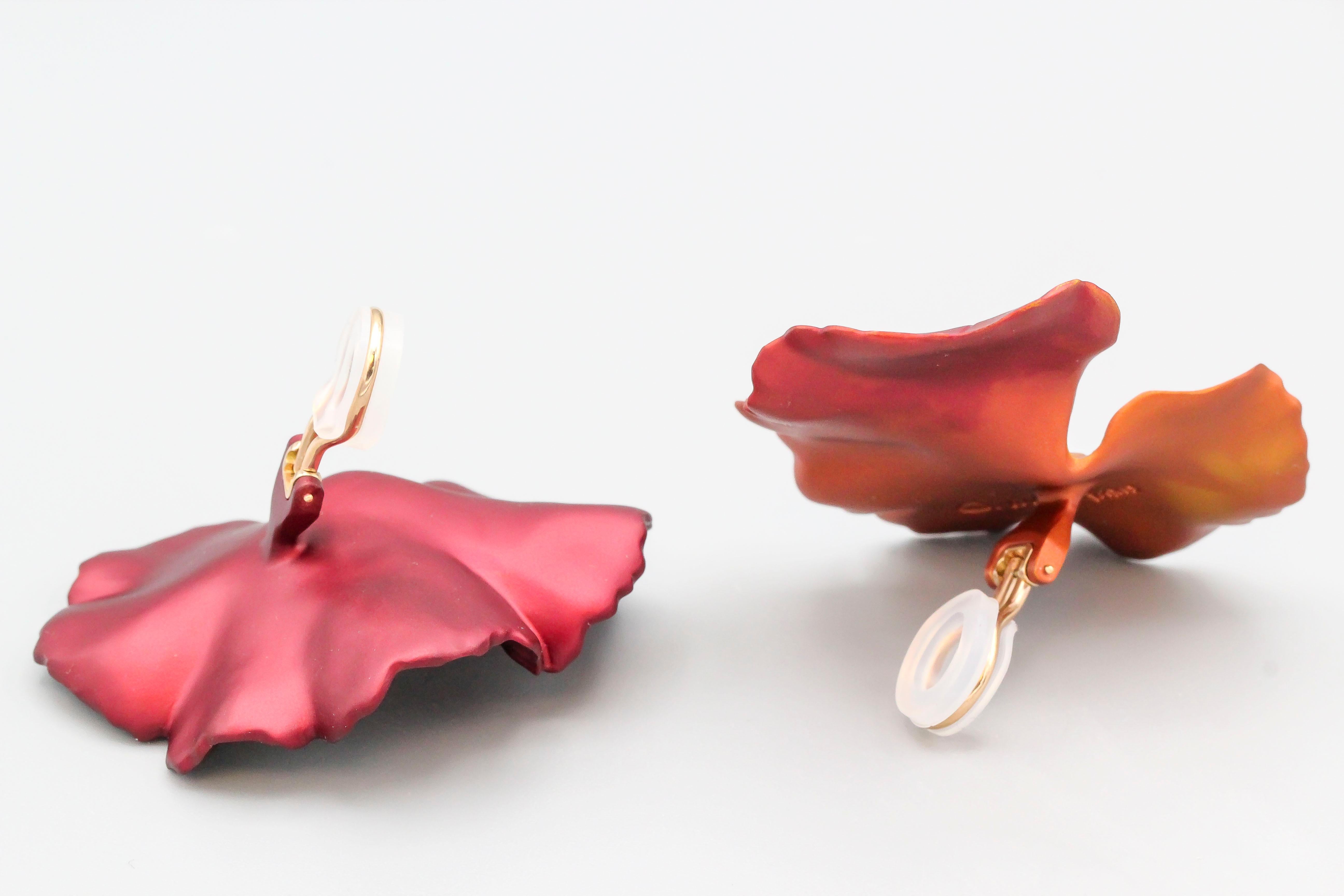 Very fine and scarce aluminum geranium earrings by JAR, Joel Arthur Rosenthal. Beautifully designed to remind one of the changing colors of foliage in the fall.  These are the large model and are made in limited edition. Pouch is included in sale.