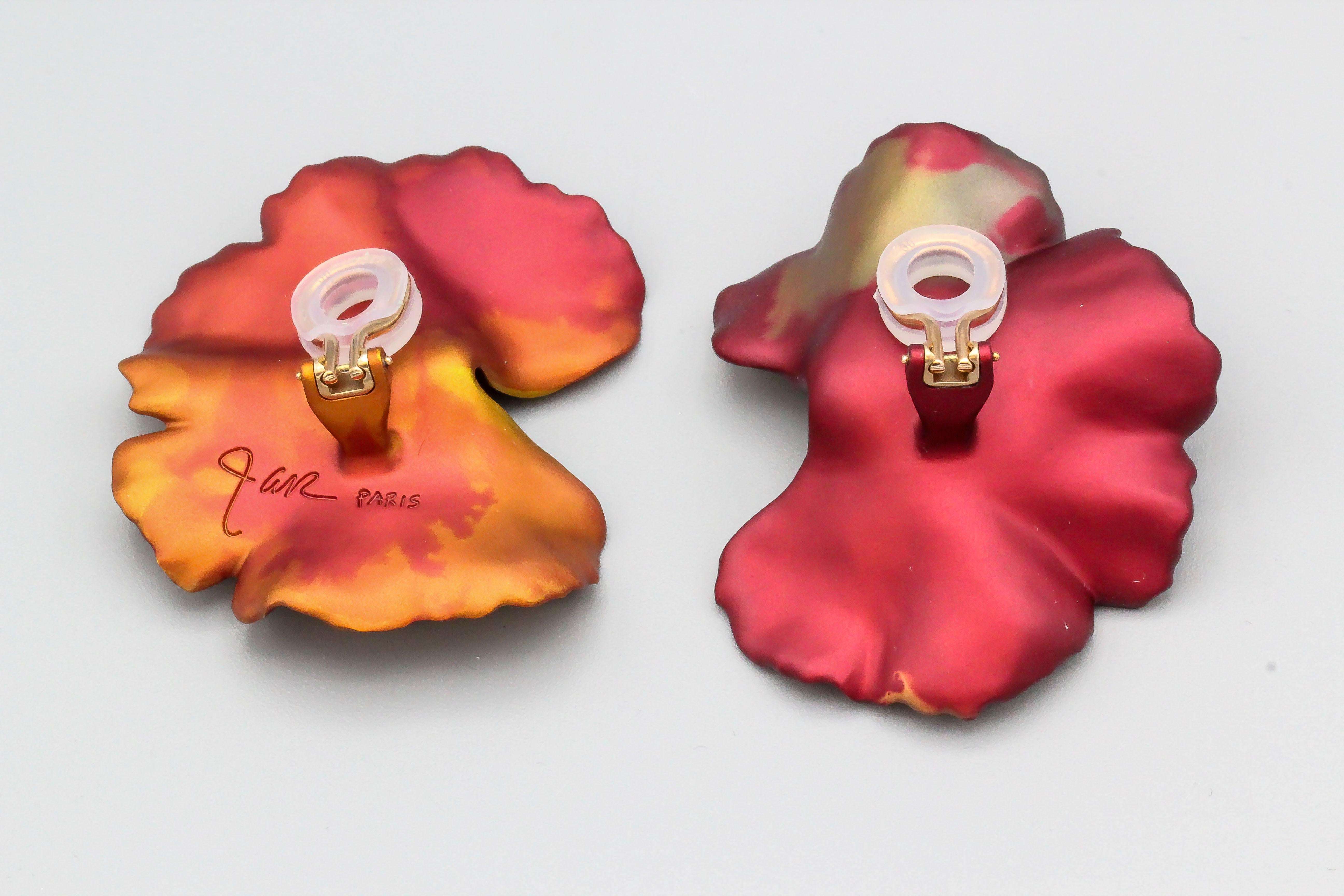 Very fine and scarce aluminum geranium earrings by JAR, Joel Arthur Rosenthal. Beautifully designed to remind one of the changing colors of foliage in the fall.  These are the large model and are made in limited edition. Pouch is included in sale.