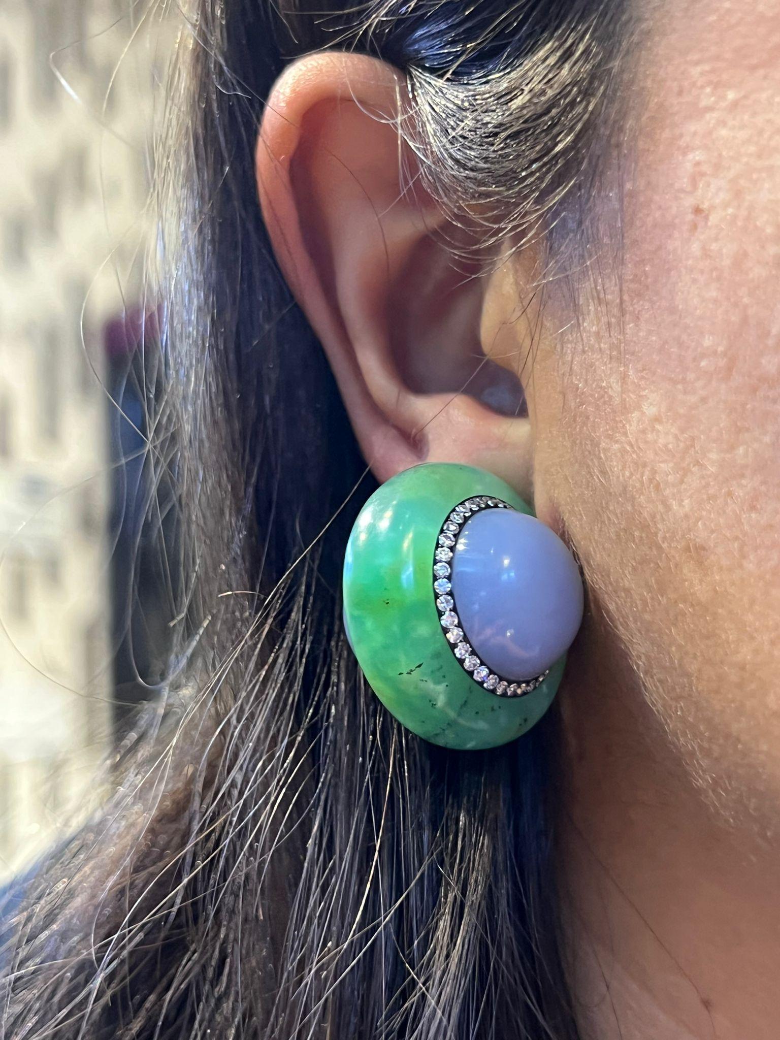 Round Cut JAR Lavender Jade and Chrysoprase Earrings For Sale