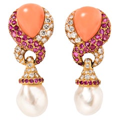 JAR Paris 18 Karat Yellow Gold, Diamond, Ruby, Coral and Pearl Ear Clips