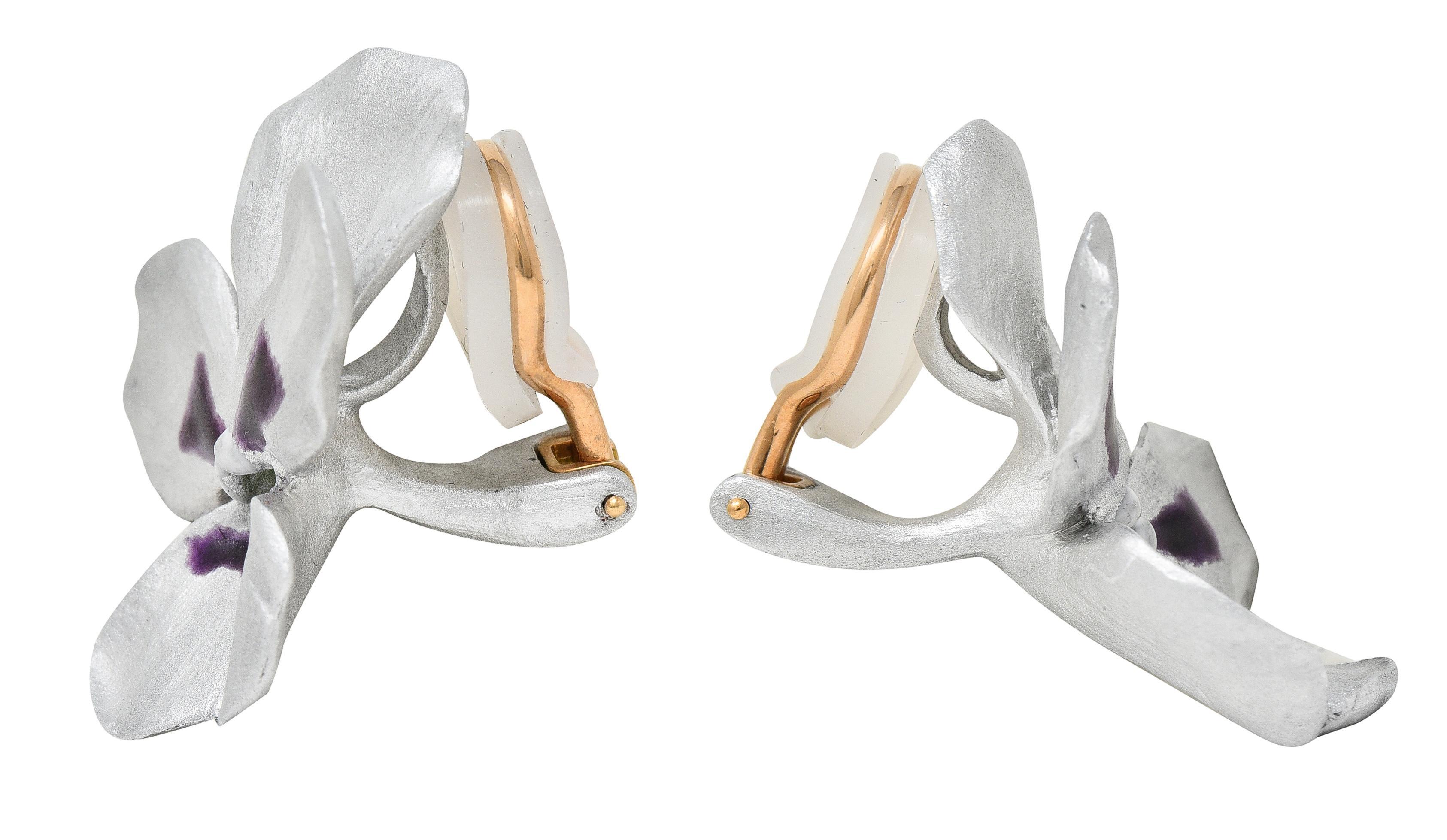 Contemporary JAR Paris 2000's Anodized Aluminum Enamel 18 Karat Gold Pansy Ear-Clip Earrings For Sale