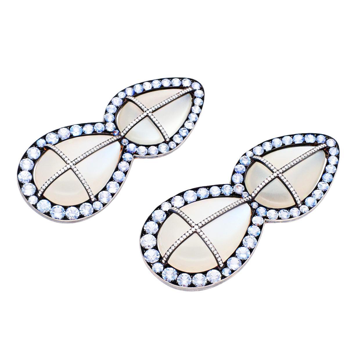 Cabochon JAR Pear Shaped Moonstone, Sapphire & Diamond Ear Clips For Sale