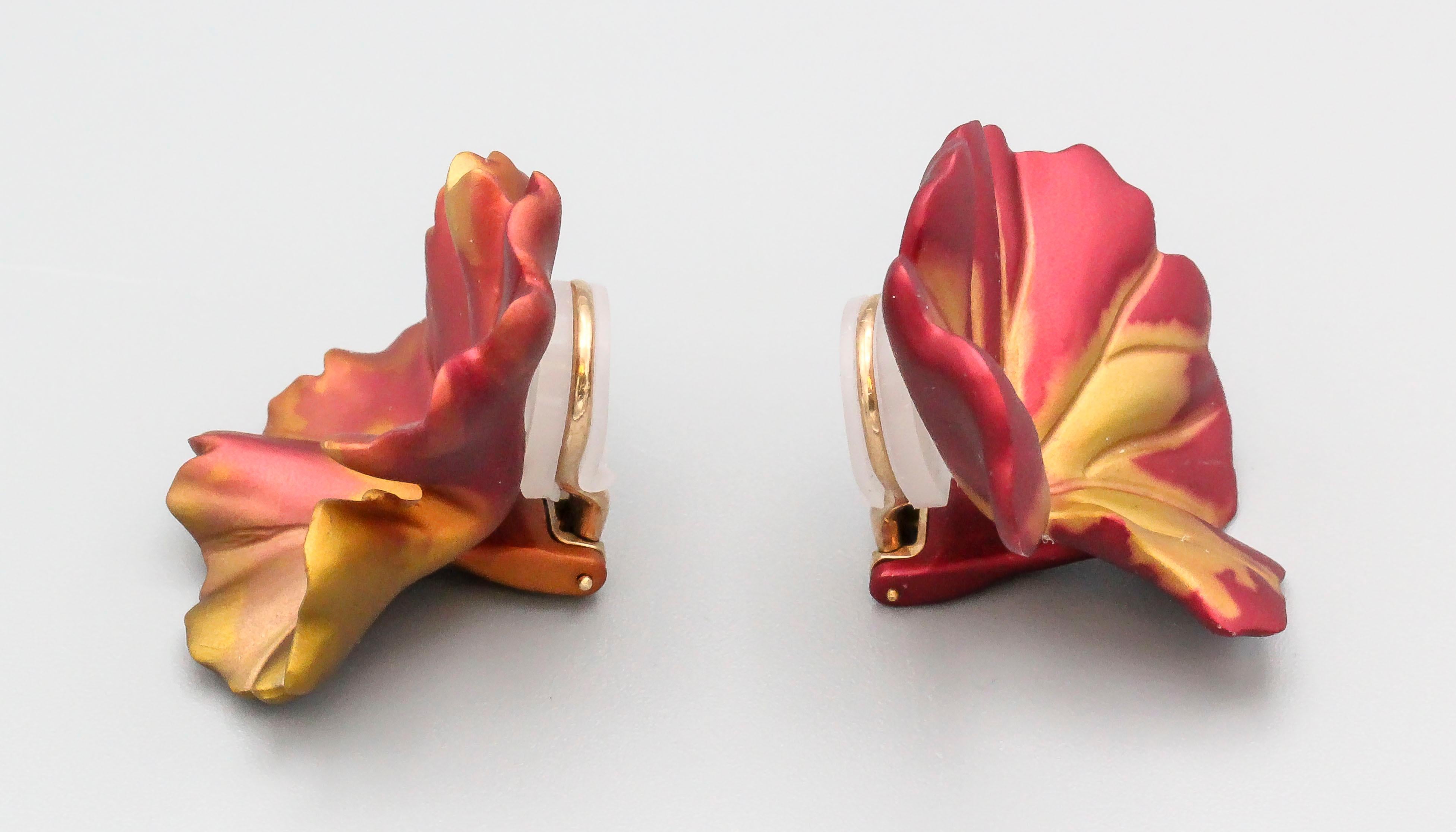 Very fine and scarce aluminum geranium earrings by JAR, Joel Arthur Rosenthal. Beautifully designed to remind one of the changing colors of foliage in the fall.  These are the smaller model and are made in limited edition. Pouch is included in sale.