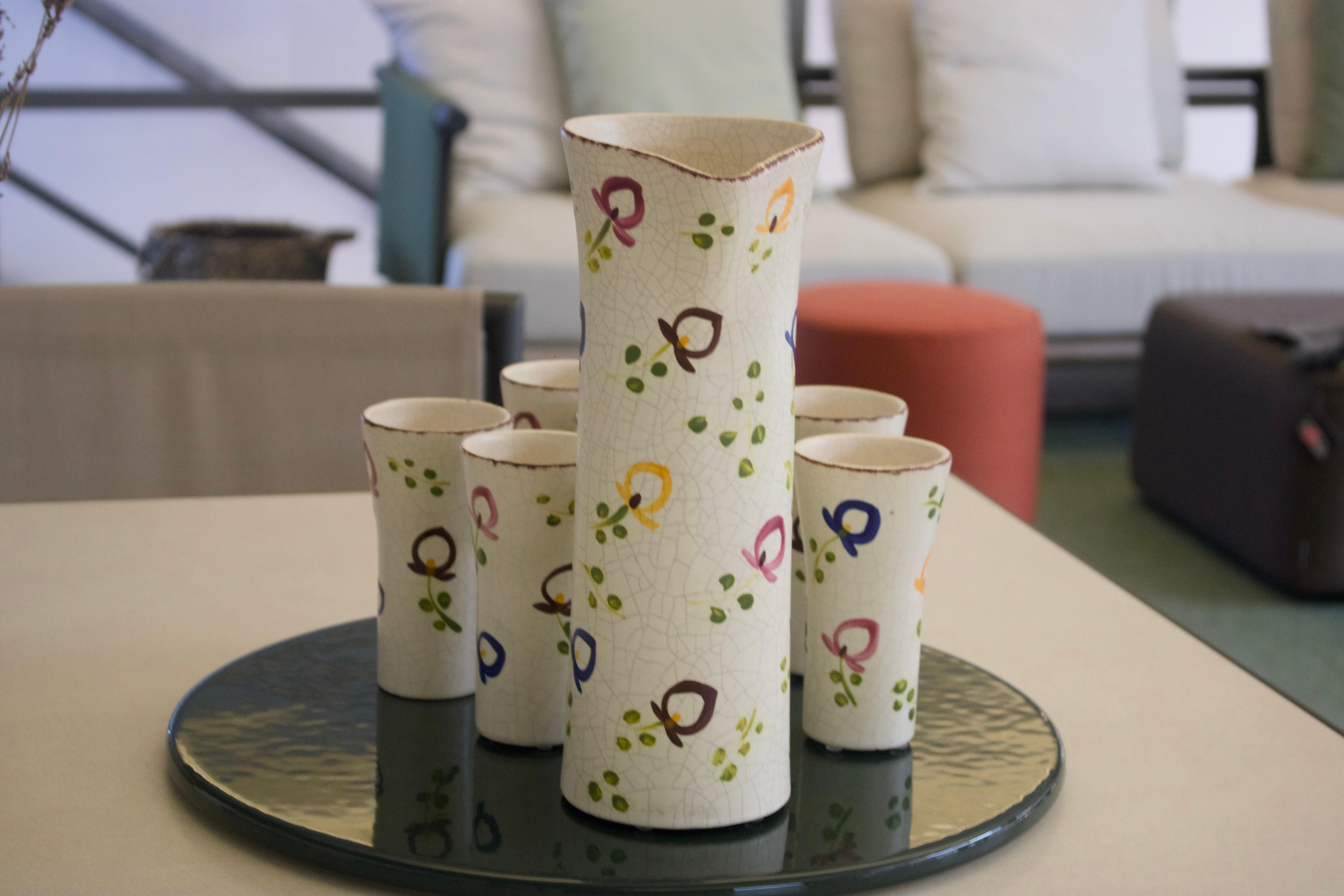 French “Jardin” ceramic carafe set For Sale