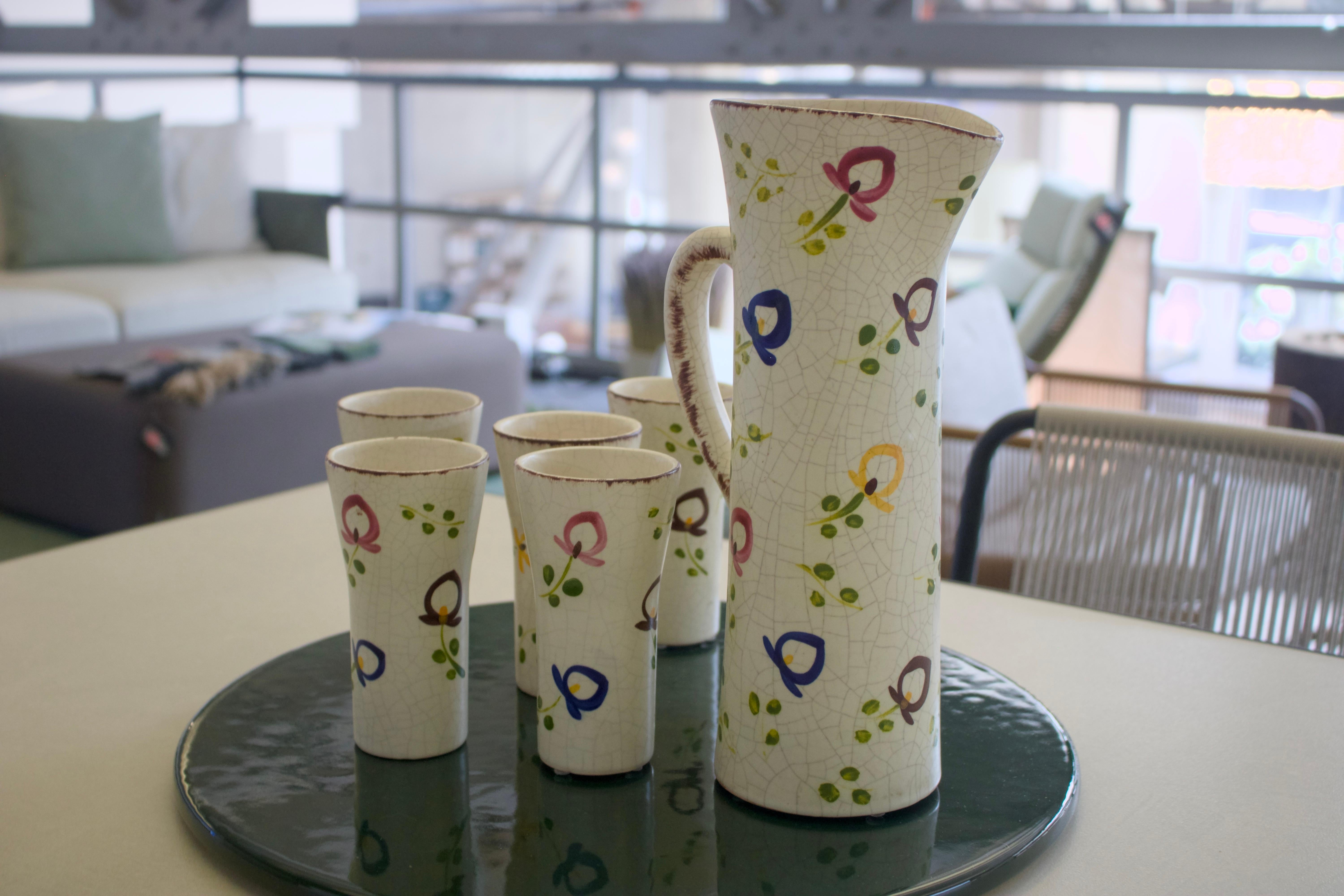 Glazed “Jardin” ceramic carafe set For Sale