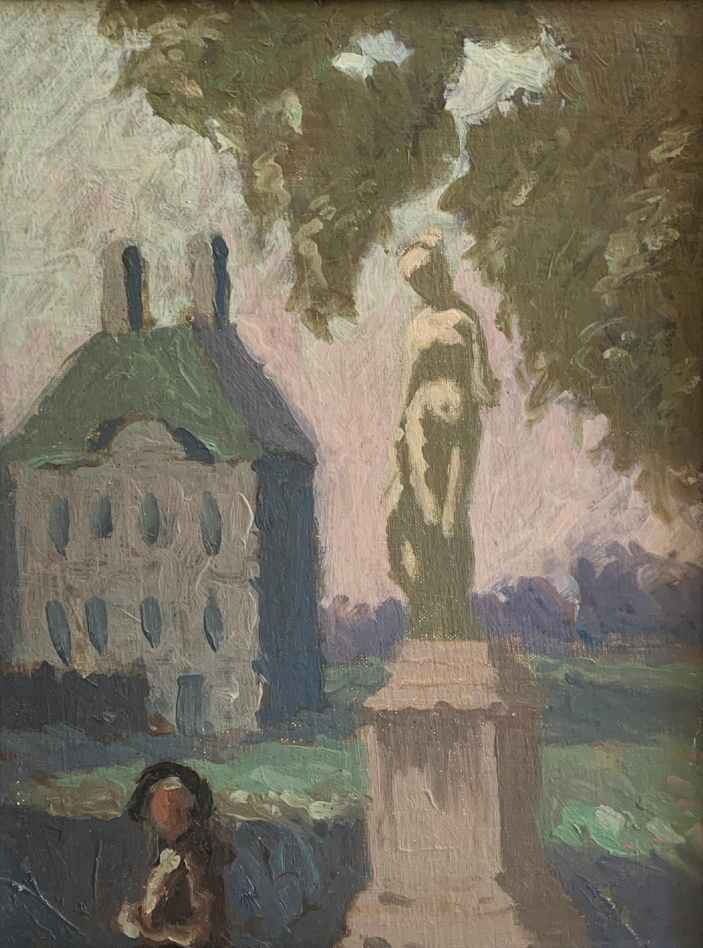 Une belle scène de Paris à l'huile sur carton de l'artiste américain Stuart C. Henry (1906-1991), présentant un personnage se promenant dans le jardin des Tuileries. 

Après avoir obtenu un diplôme en beaux-arts à Harvard en 1928, Stuart Henry a