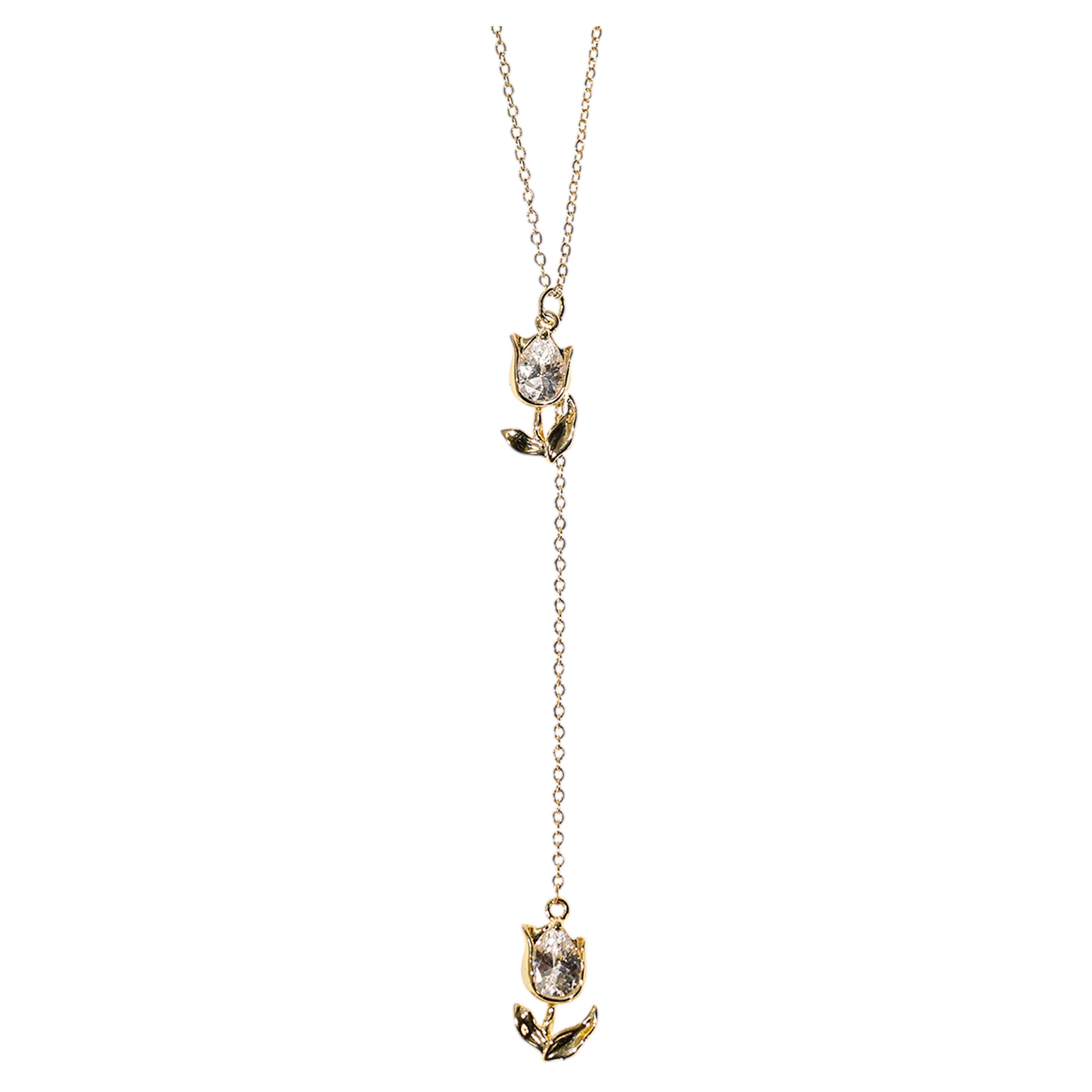 Jardin Sculptural Floral Crystal Lariat Necklace 14K Gold-Filled For Sale