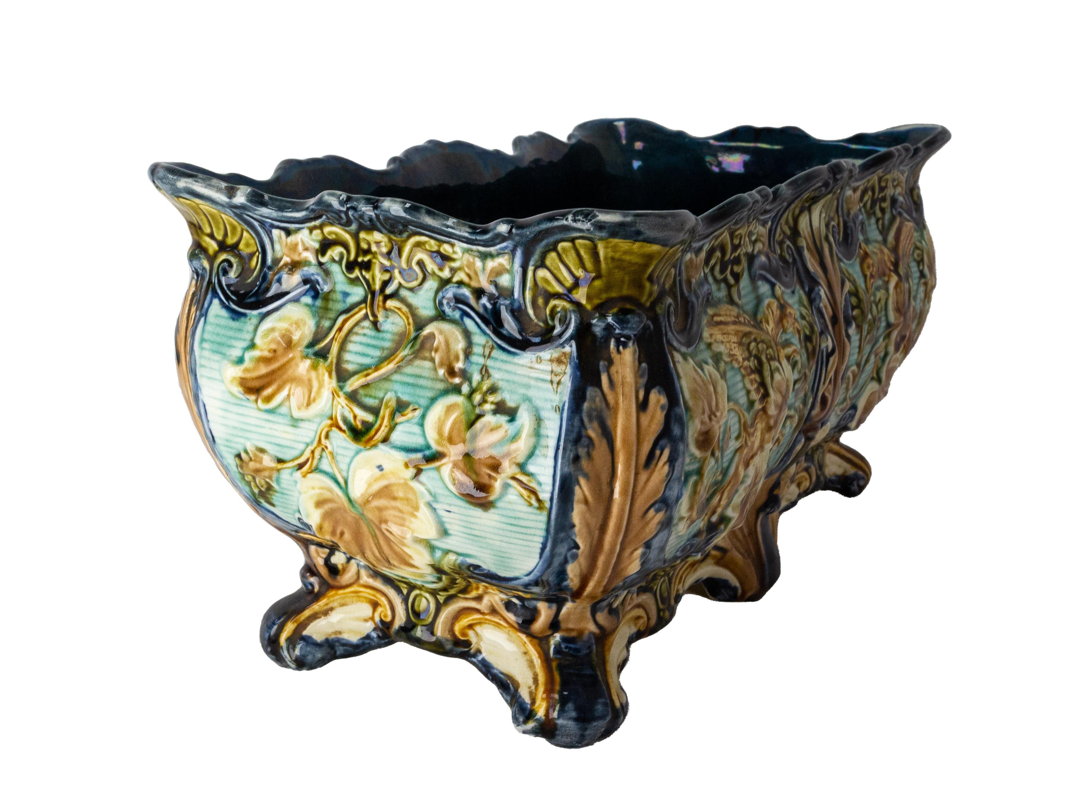 Ceramic Jardiniere Art Nouveau Griffon Barbotine, Early 20th Century For Sale
