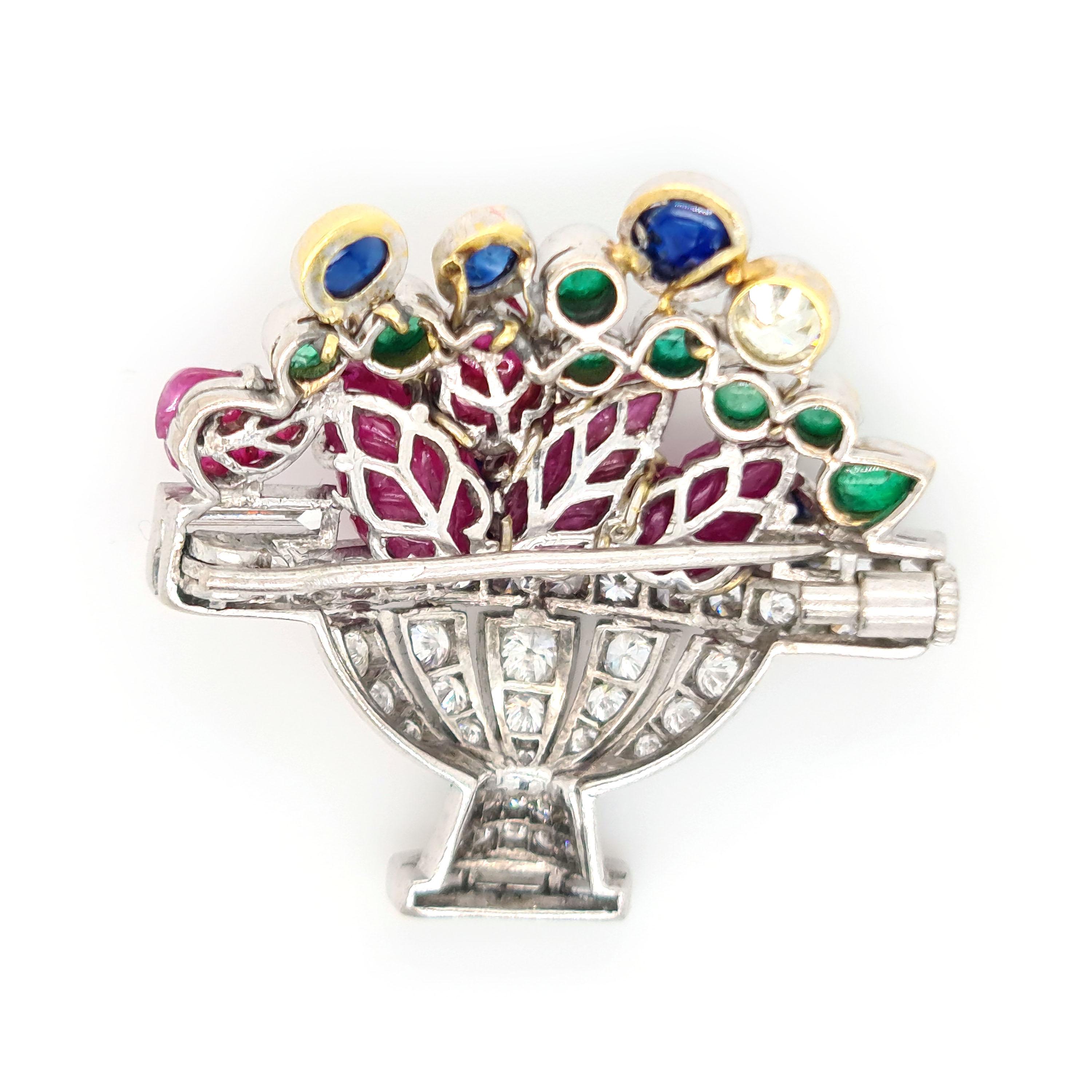 Vintage Diamond Ruby Sapphire and Emerald Jardiniére Brooch, Circa 1960 In Good Condition For Sale In London, GB