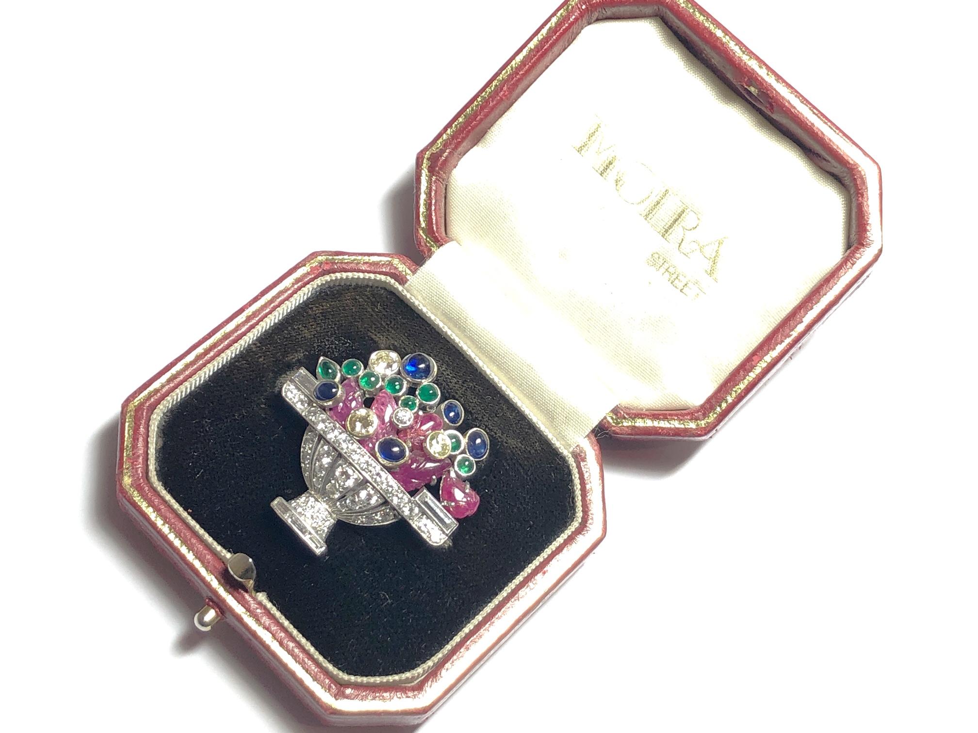 Vintage Diamond Ruby Sapphire and Emerald Jardiniére Brooch, Circa 1960 For Sale 1