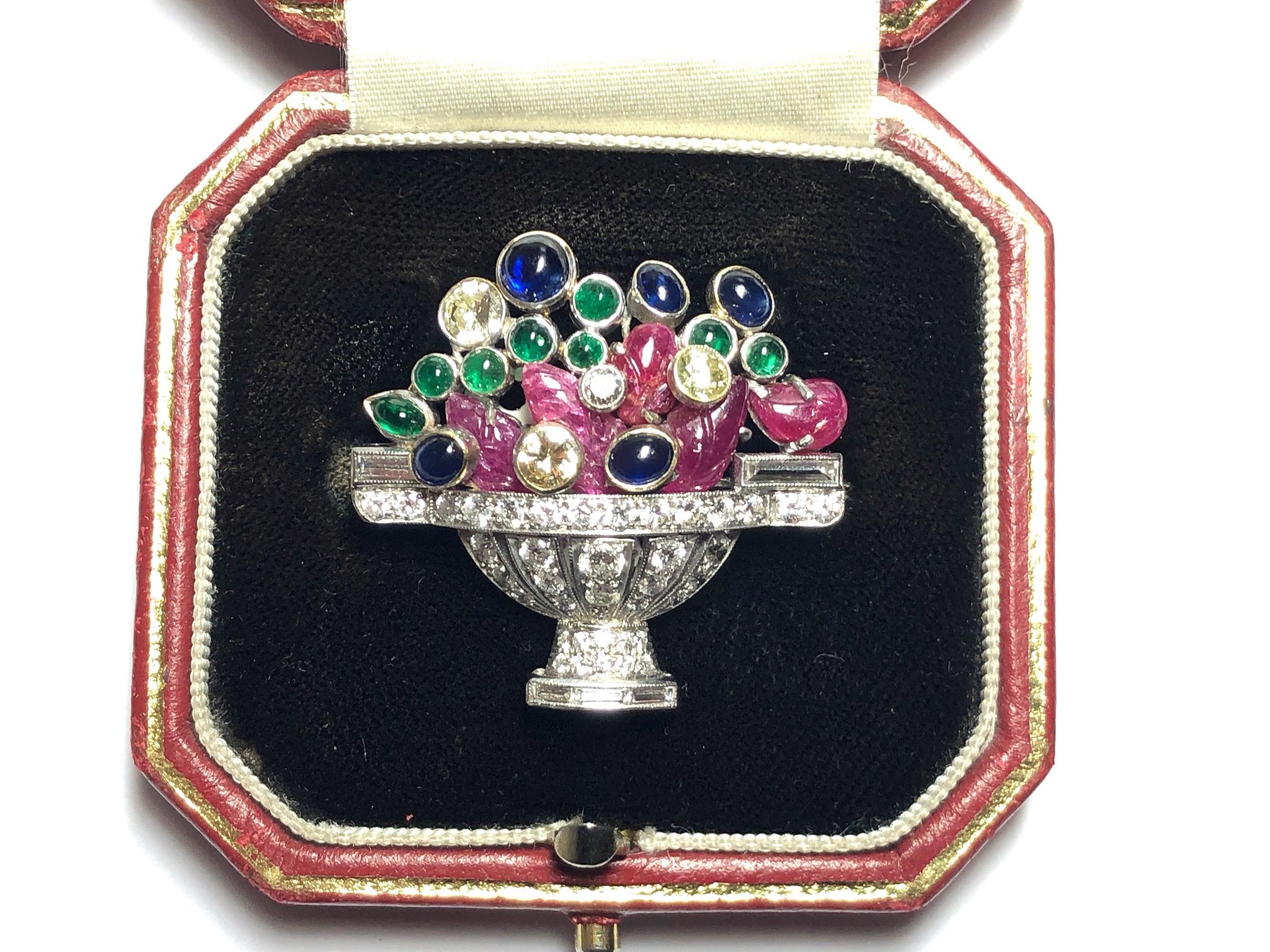 Vintage Diamond Ruby Sapphire and Emerald Jardiniére Brooch, Circa 1960 For Sale 2