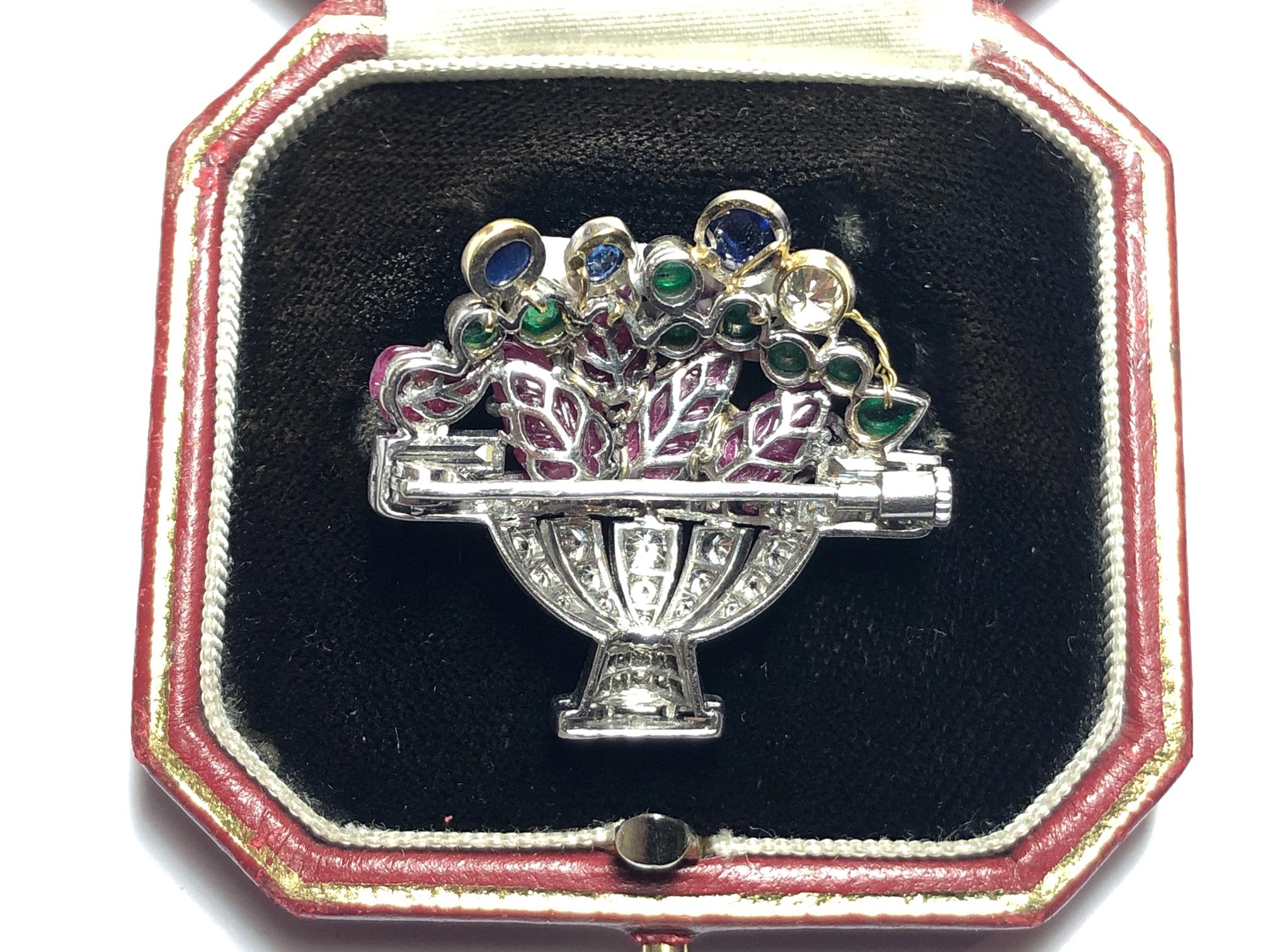 Vintage Diamond Ruby Sapphire and Emerald Jardiniére Brooch, Circa 1960 For Sale 3