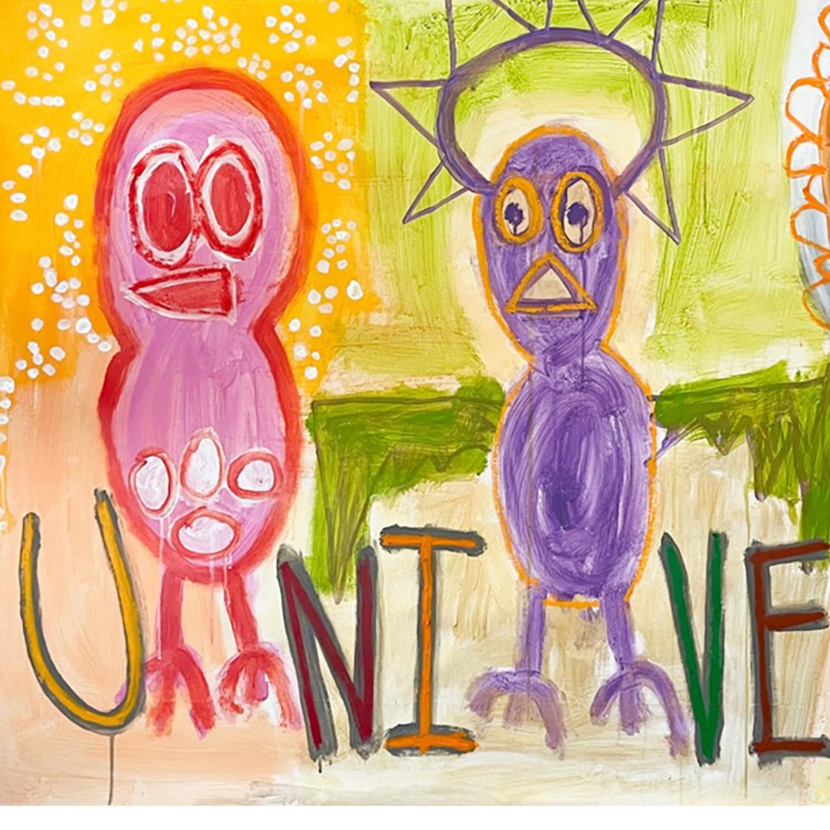 Graffiti-Kunst im Stil von Basquiat „Universal“  (Beige), Figurative Painting, von Jared Bernstein