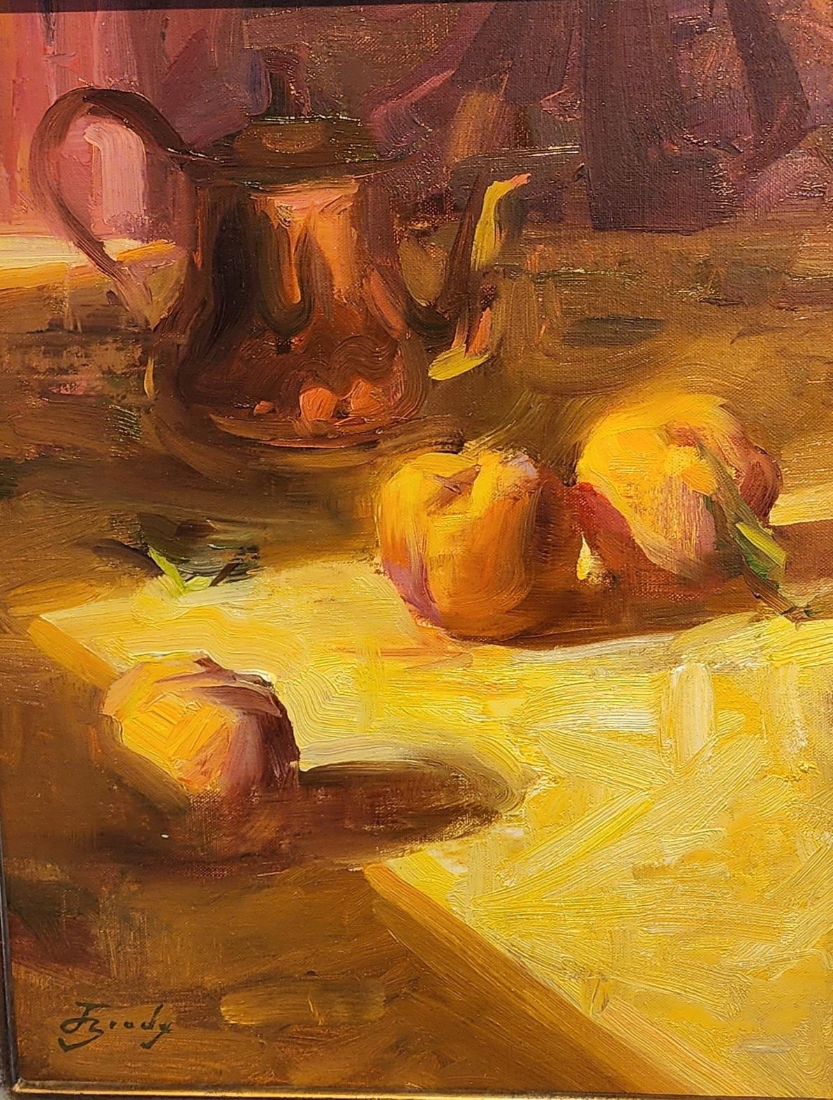 Melocotones y cobre iluminados por el sol, Naturaleza muerta, Pintura floral, Óleo, Impresionista, SW 21