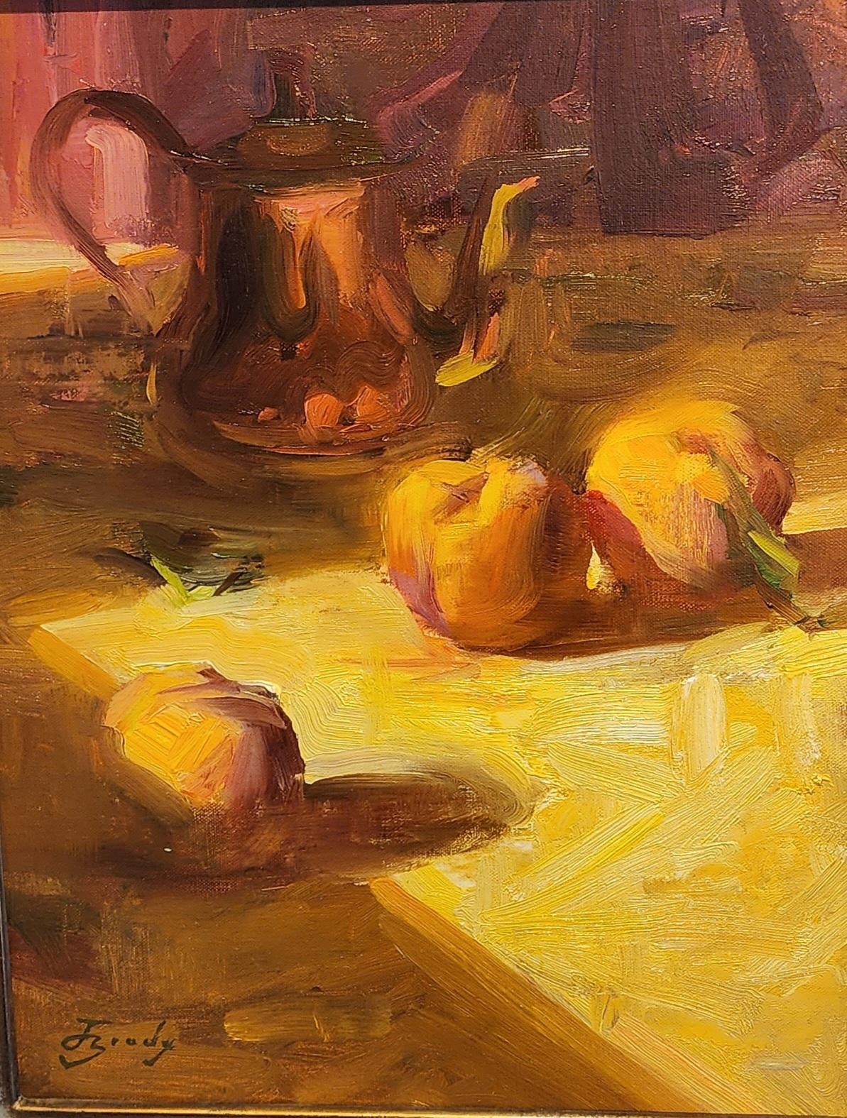 Jared Brady Still-Life Painting - Sunlit Peaches & Copper, Still-Life, Floral Painting, Oil, Impressionist, SW 21