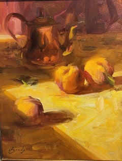 Sunlit Peaches & Copper, Still-Life, Floral Painting, Oil, Impressionist, SW 21