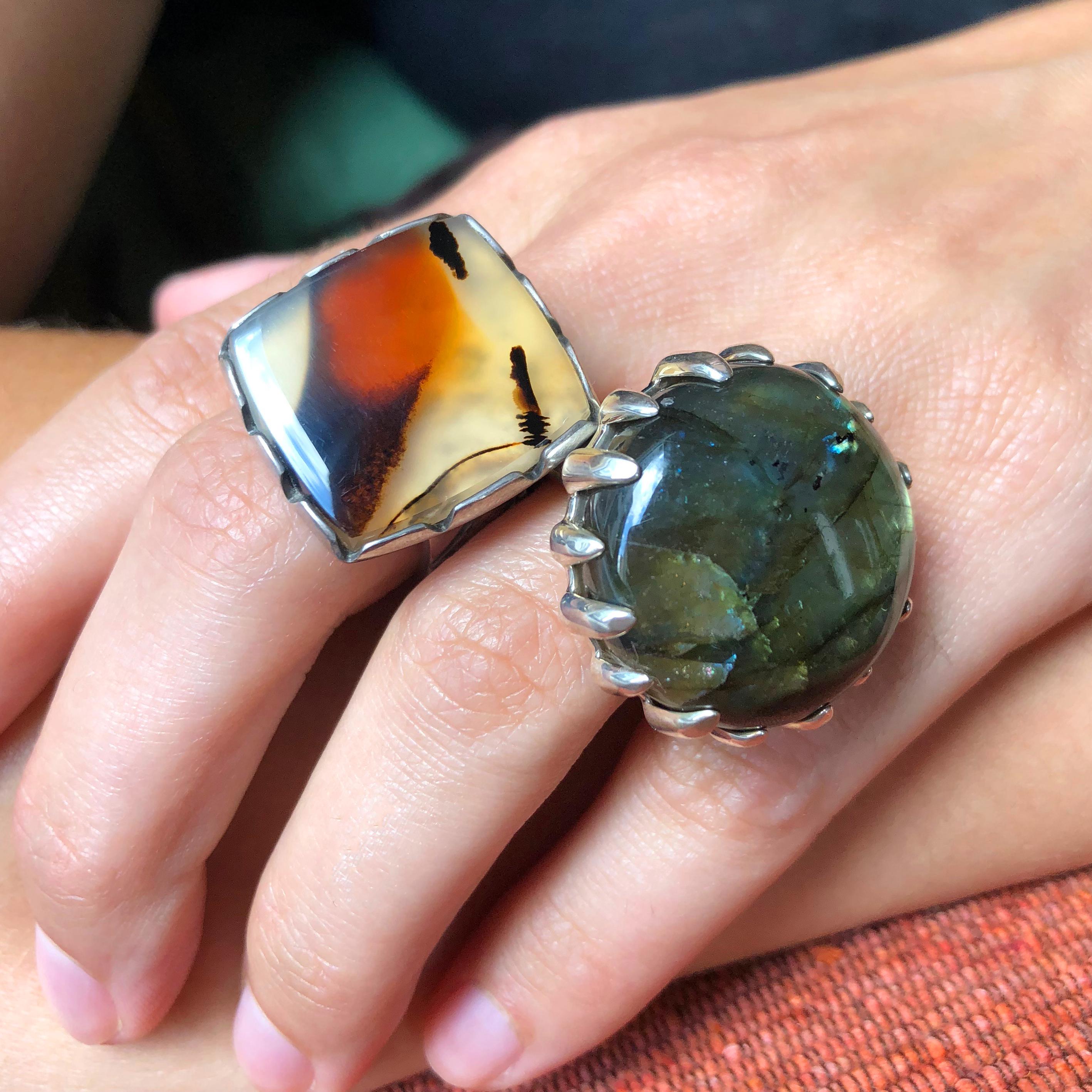 An agate and sterling silver ring, by Jared Chavez. Stamped with maker's mark and .925. 
Ring size 8. 
Son of well known Native American jeweler Richard Chavez, Jared is the next generation of artist jewelers. A tech-savvy, Georgetown University