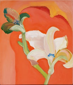 Pittura ad olio d'epoca modernista americana astratta con natura morta floreale firmata