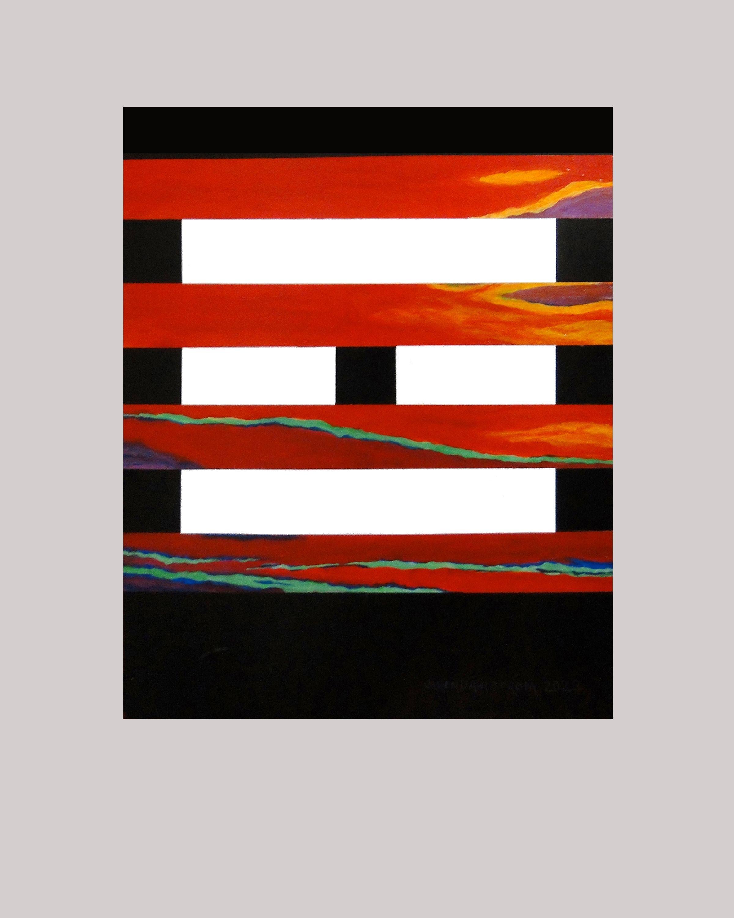 This is an abstract painting composed of horizontal stripes. The background is a deep black, upon which there are several alternating bands of color. Most prominently featured are broad stripes of bright white, which starkly contrast with the