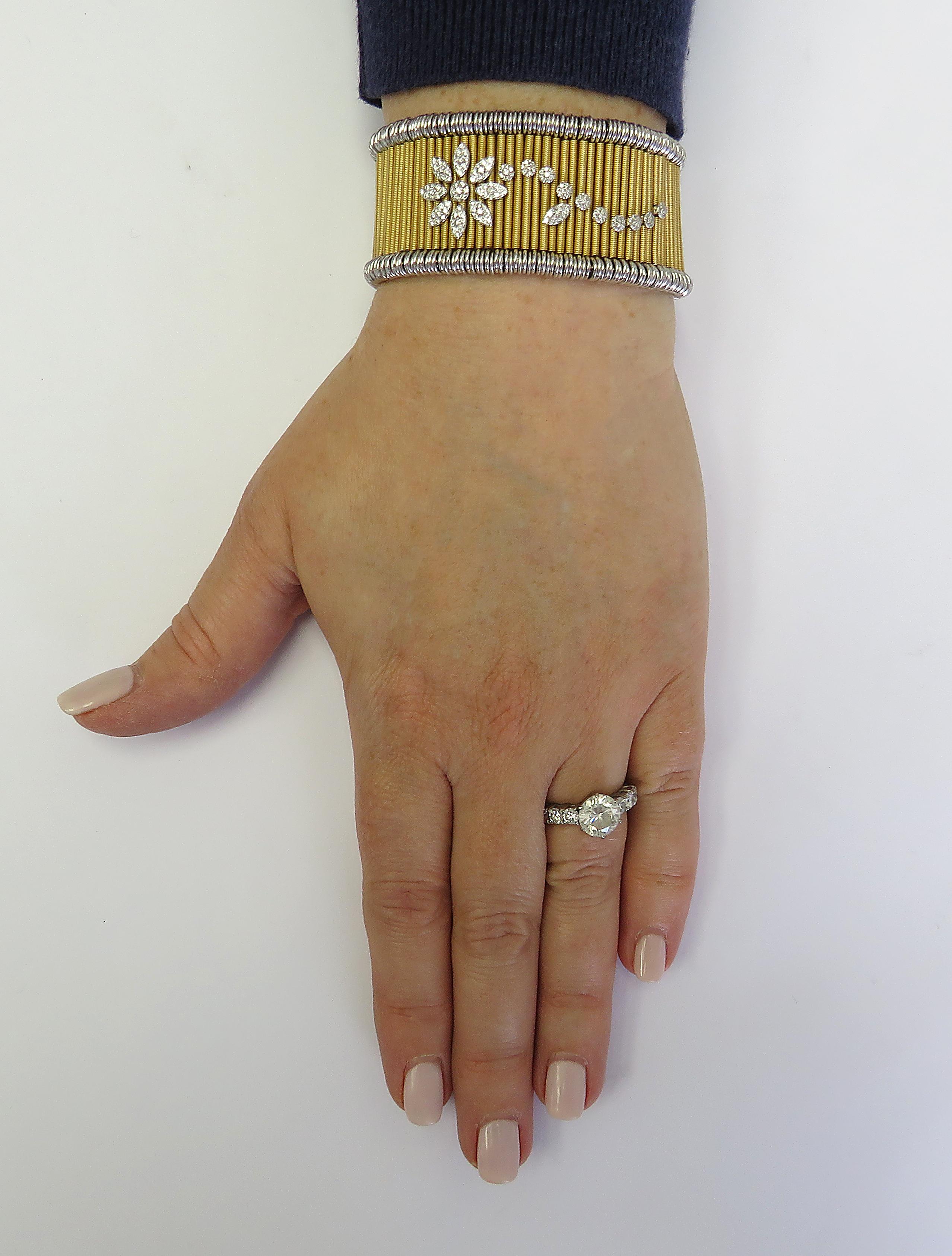 Round Cut Jaretierre Italy Diamond, Yellow and White Gold Expandable Bangle Bracelet
