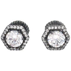 Jarin 1ct Faux Diamond Hexagon Halo Stud Sterling Silver Earrings