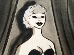 Intérprete glamurosa con vestido de noche negro Art Decó, Edad de Oro de Hollywood