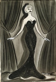 Glamorous Performer in Art Deco Black Evening Dress, Golden Age of Hollywood 