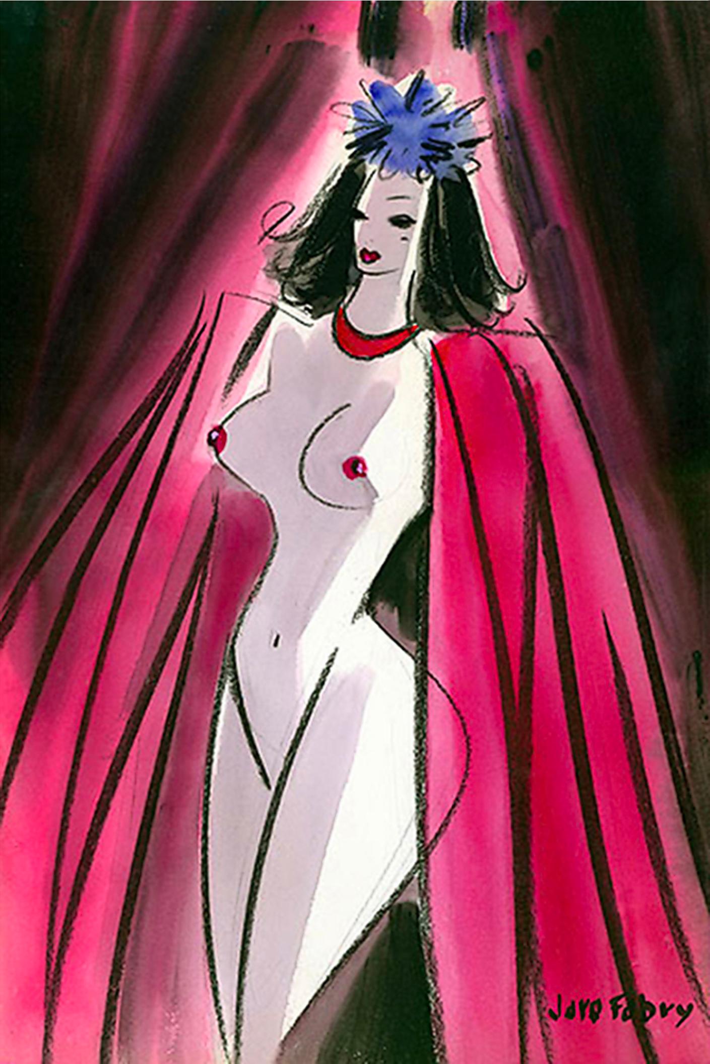 Jaro Fabry Nude – Glamouröser Akt mit rotem Mantel, der von der Vorderseite des Vorhangs entspringt,  Goldenes Zeitalter des Hollywoods 