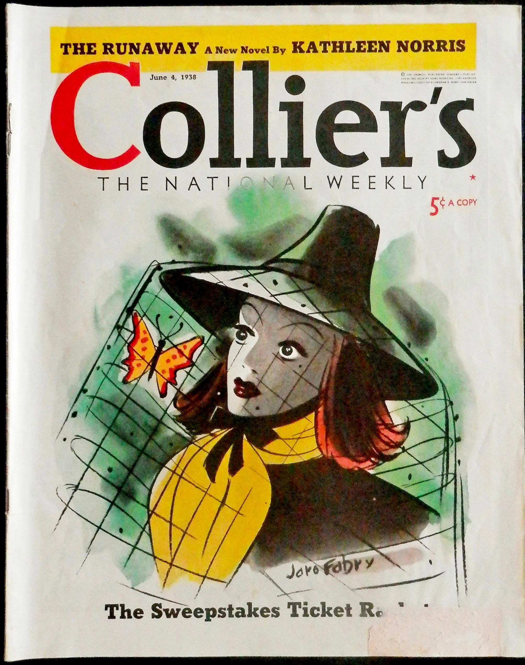Woman mit einem Schmetterling im Hut. Colliers-Zeitungscover – Art von Jaro Fabry
