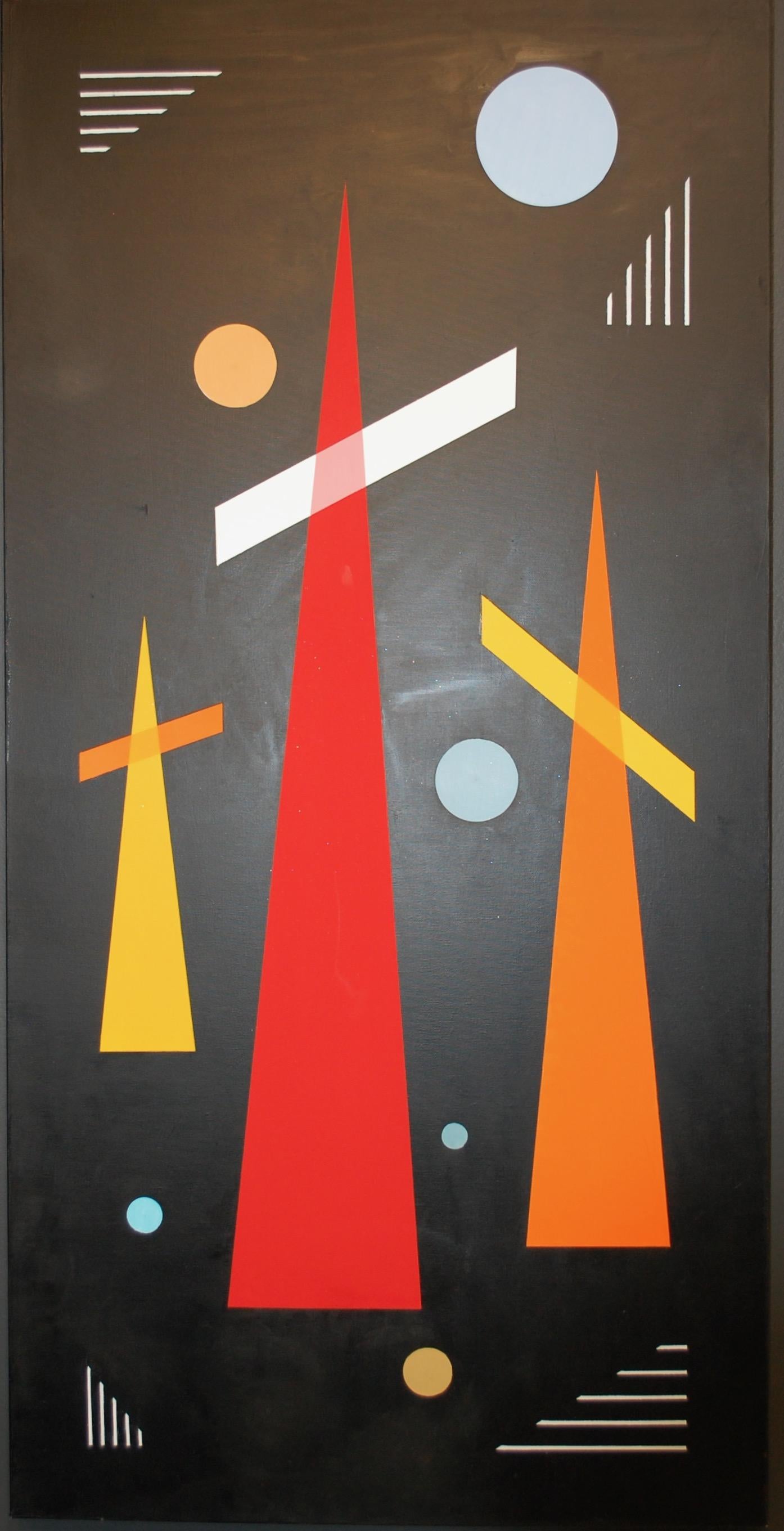 Jaro Abstract Painting – Trio auf Schwarz Geometrisches abstraktes Ölgemälde