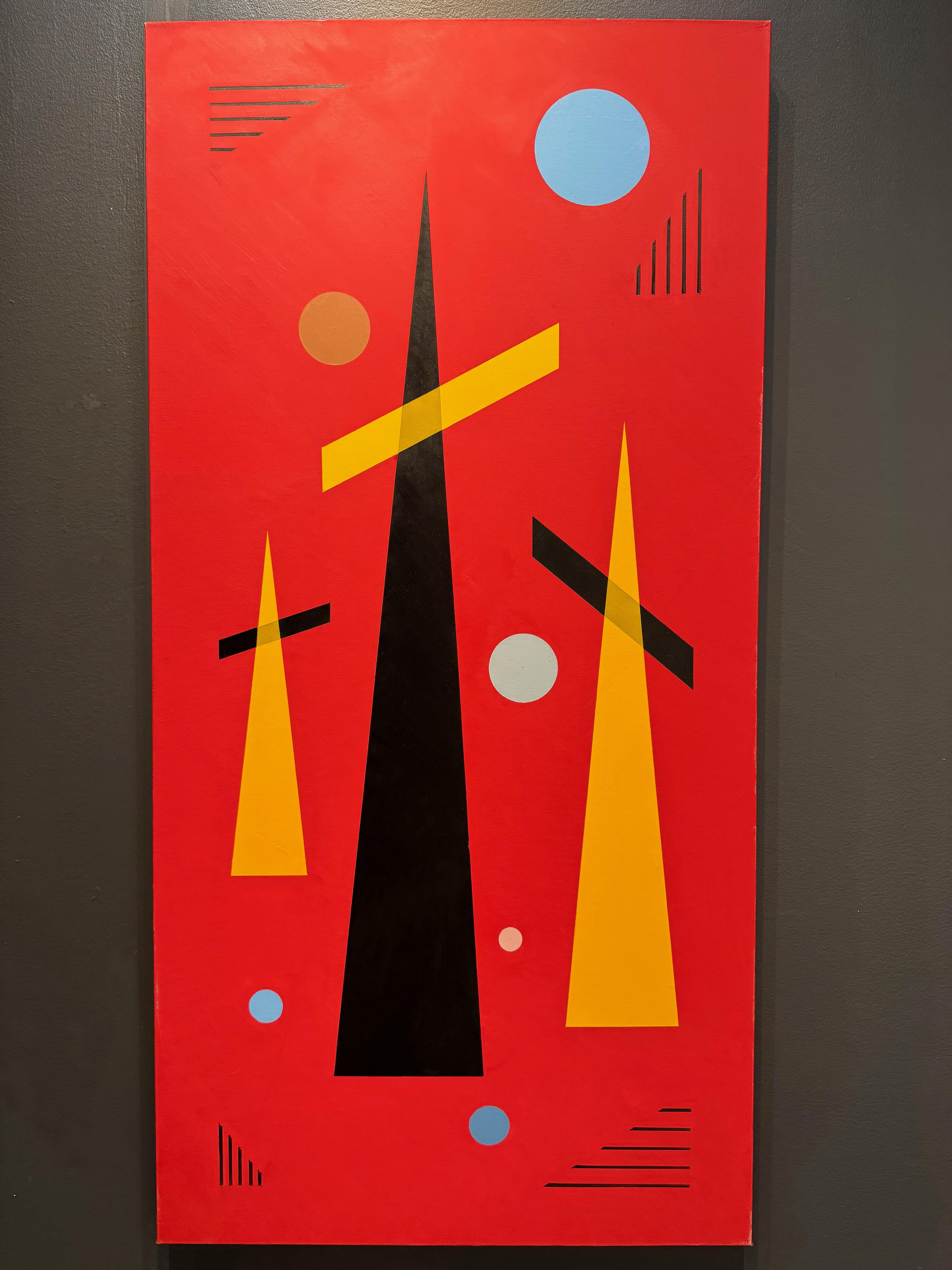 Trio auf Rot Geometrisches abstraktes Ölgemälde – Painting von Jaro