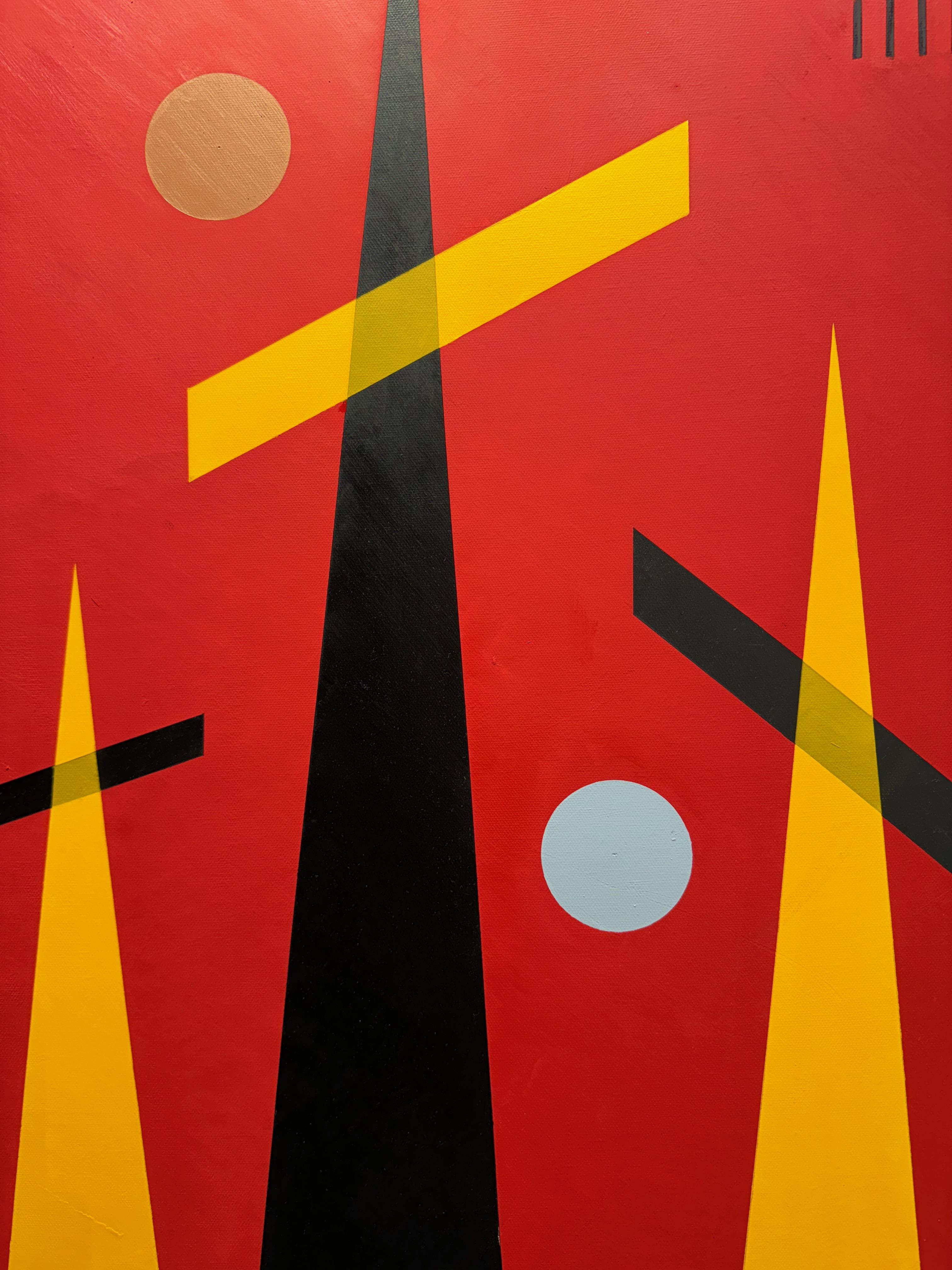 Trio auf Rot Geometrisches abstraktes Ölgemälde (Geometrische Abstraktion), Painting, von Jaro