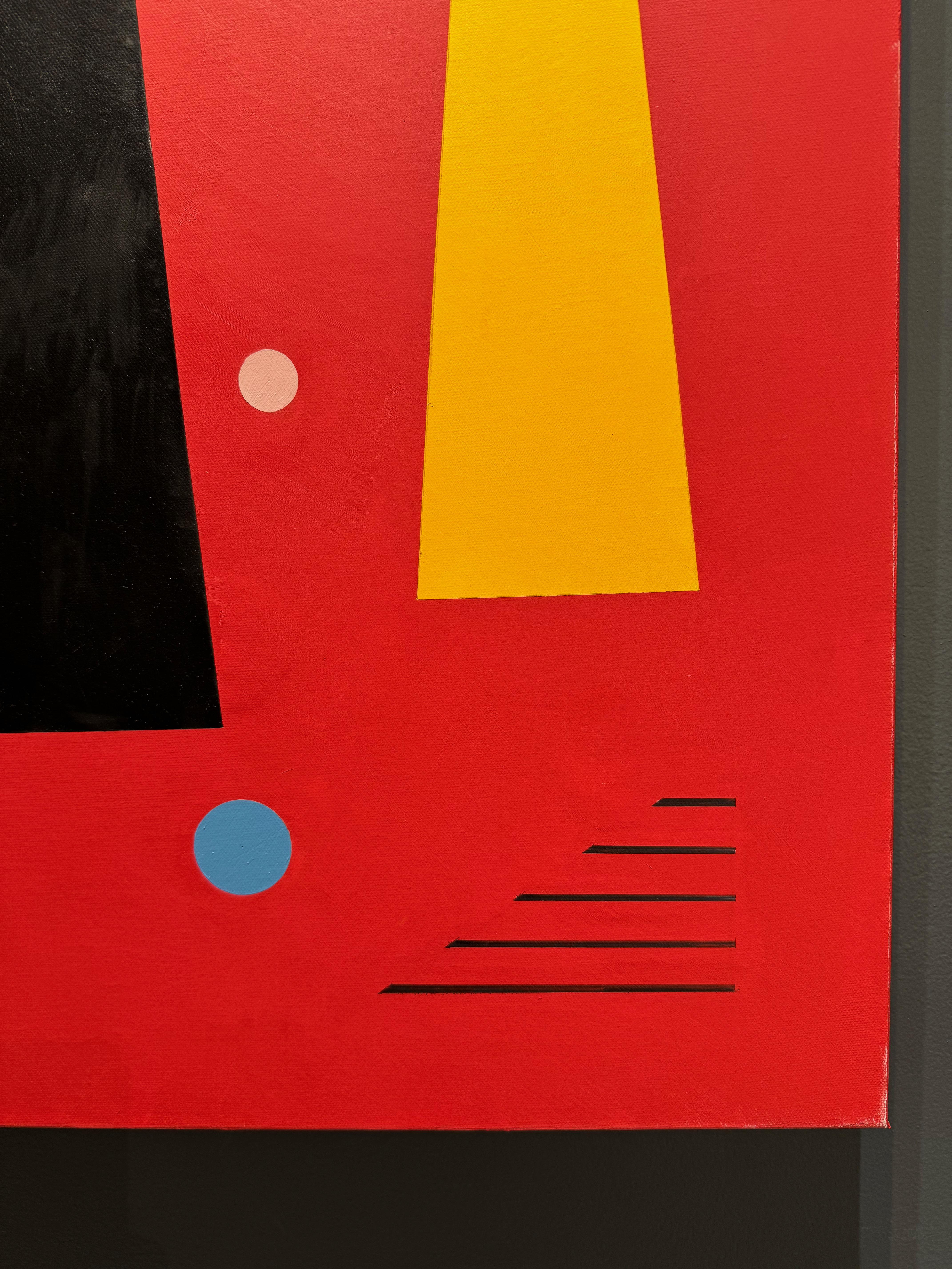 Trio sur rouge peinture à l'huile abstraite géométrique en vente 1