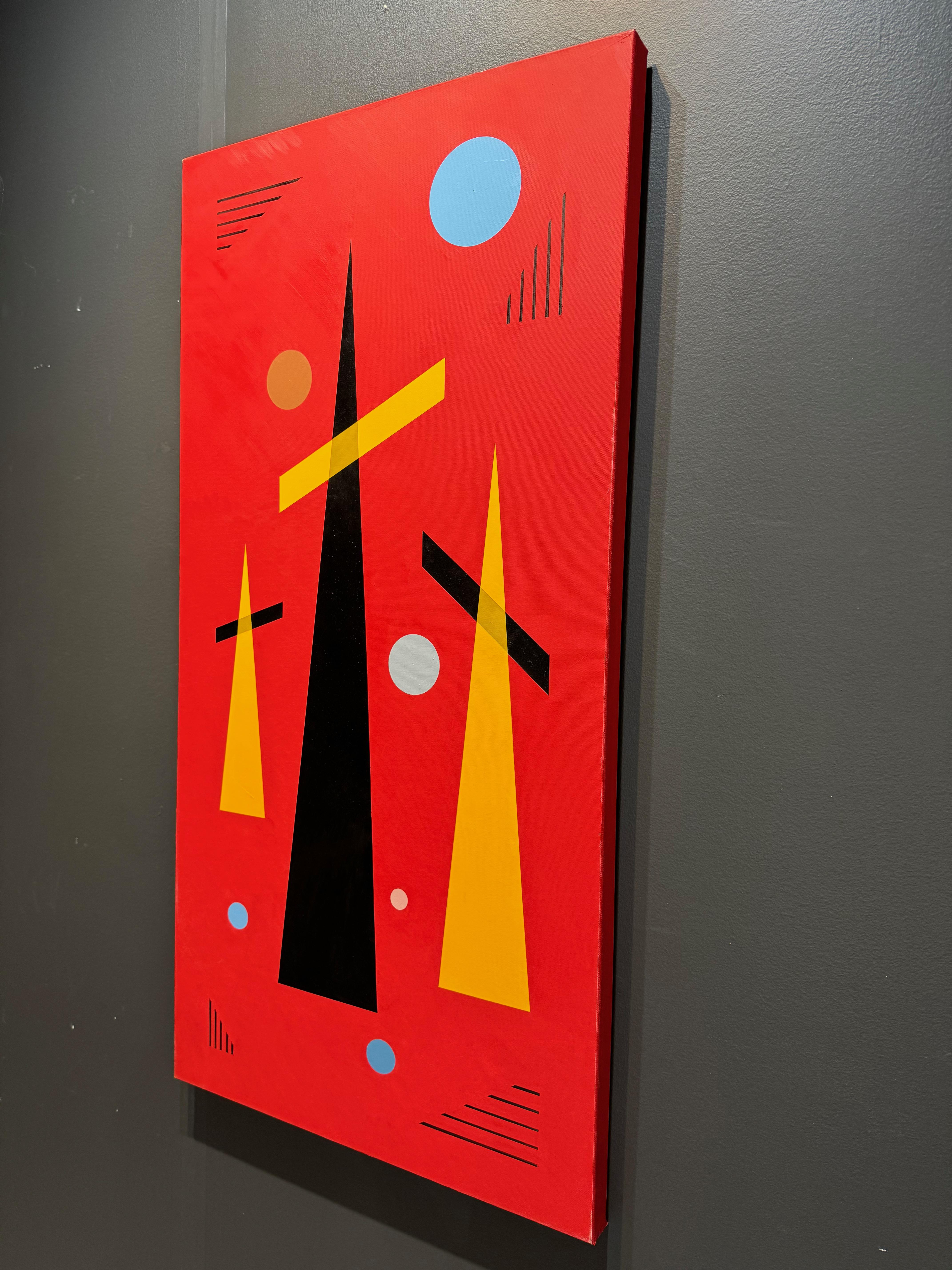 Trio sur rouge peinture à l'huile abstraite géométrique en vente 3