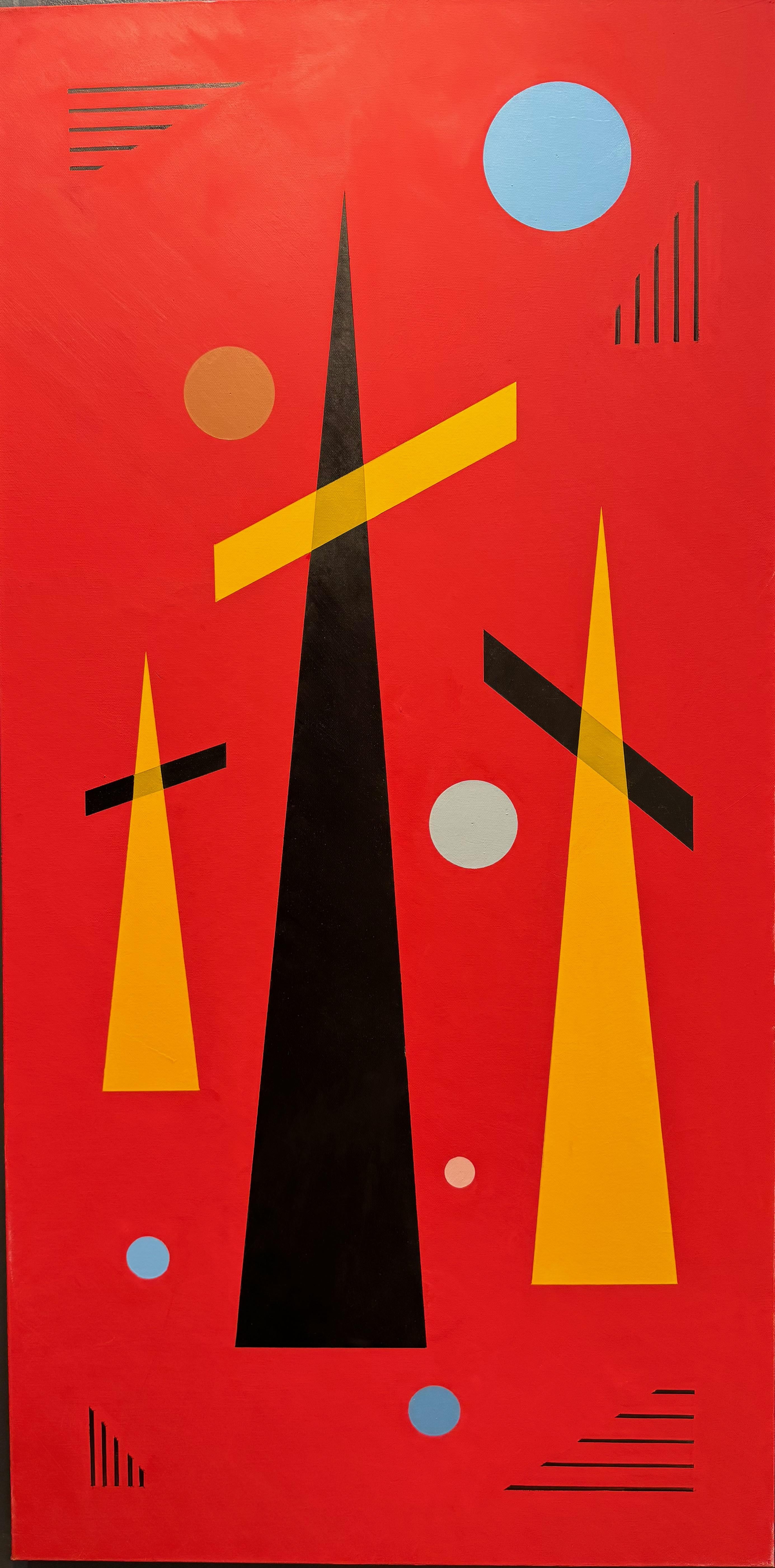 Jaro Abstract Painting – Trio auf Rot Geometrisches abstraktes Ölgemälde