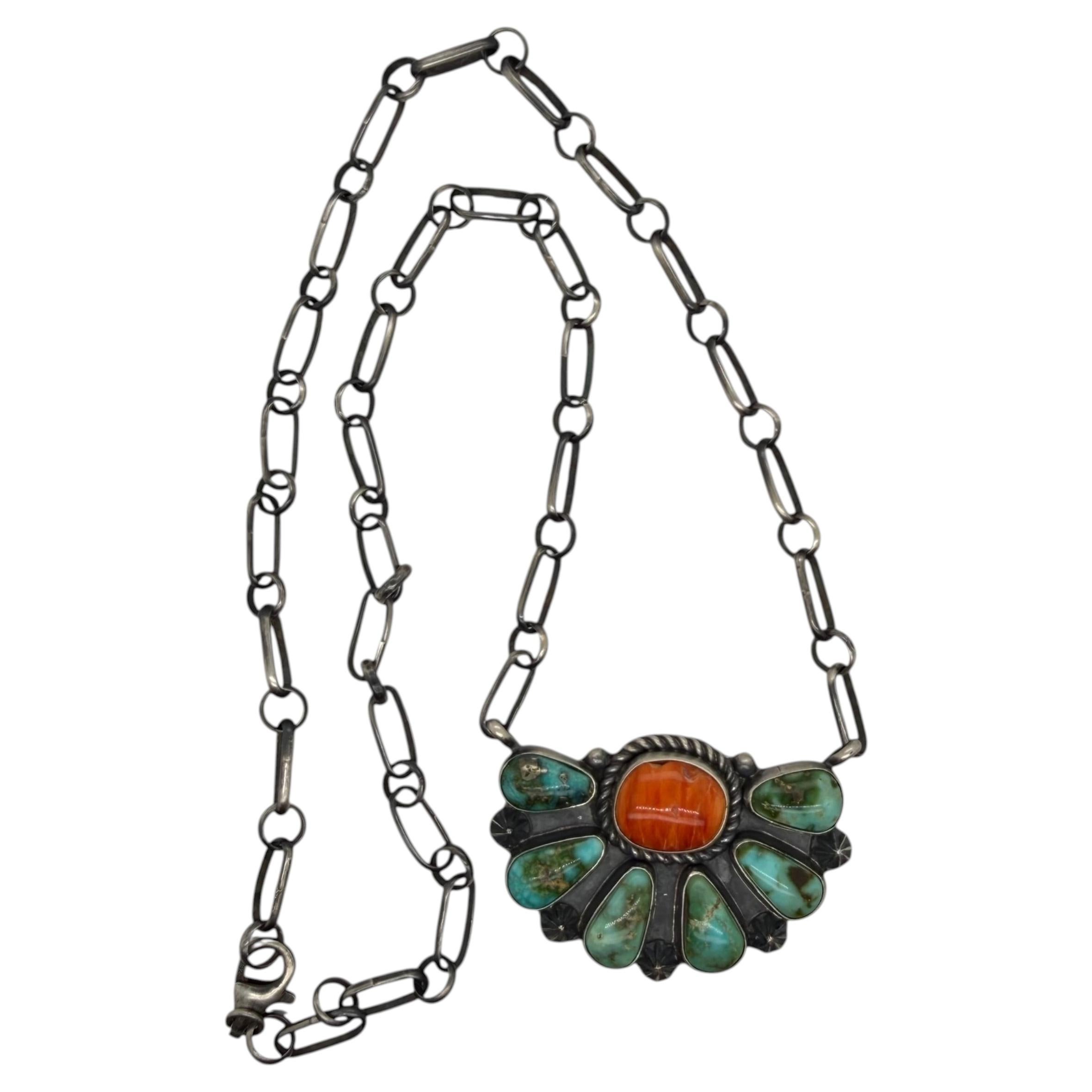 Jarod Gordy Navajo Sterling Silver Turquoise and Spiny Oyster Pendant Necklace