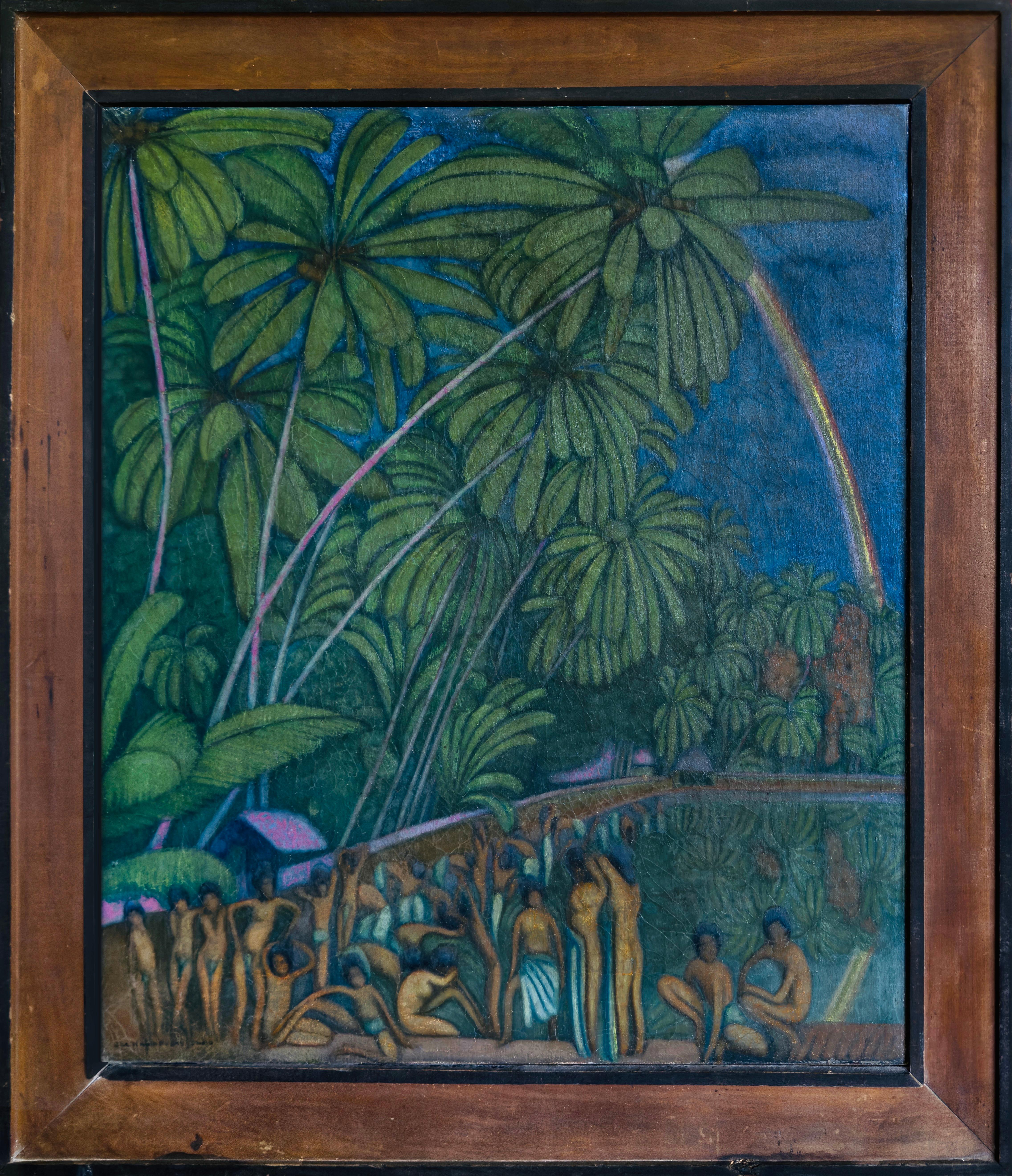 India Oil on Canvas South Jungle 1920's Signed Listed Artist Green Blue Rainbow 