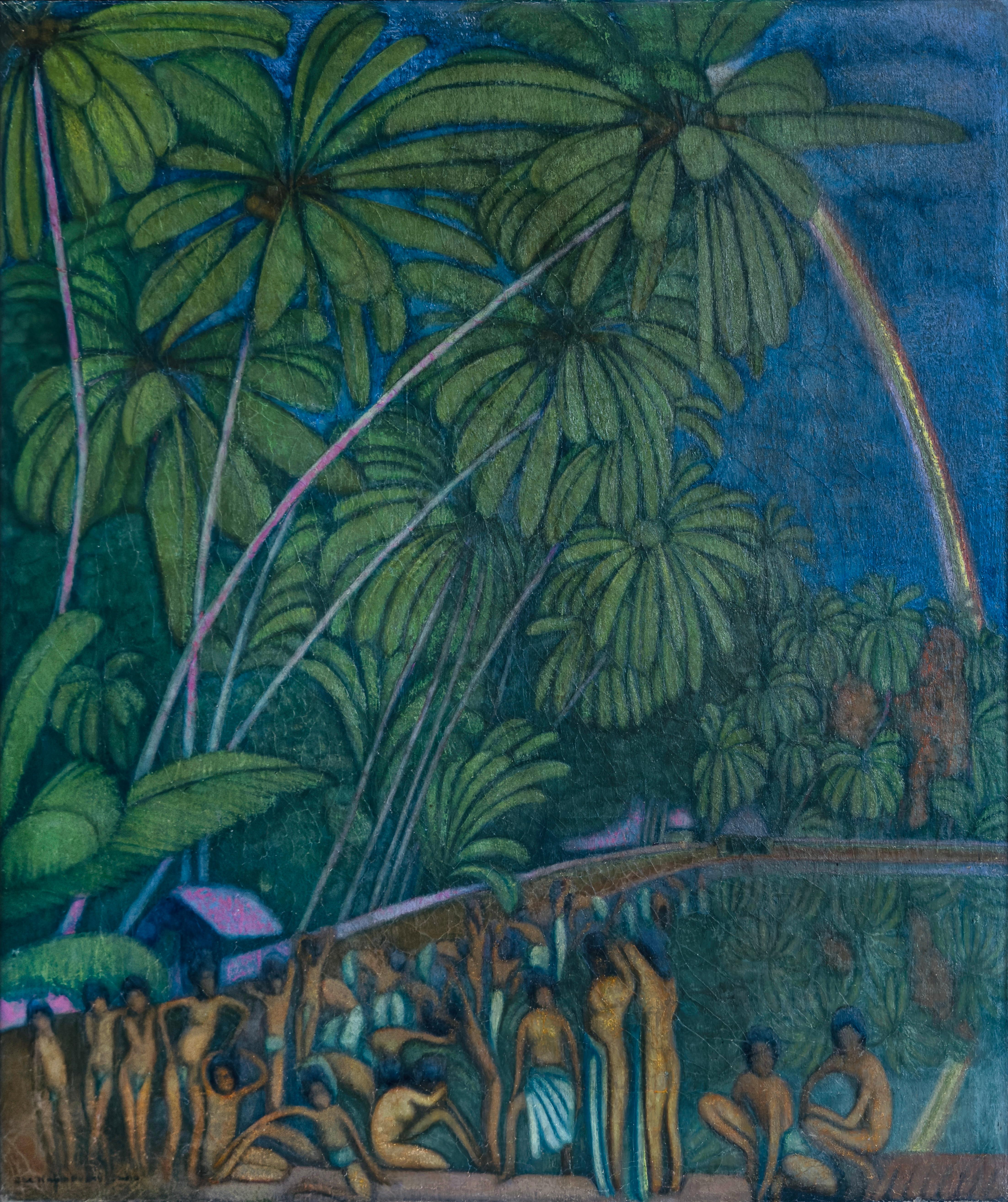 Ölgemälde auf Leinwand Süd Dschungel 1920er Jahre Signiert Gelisteter Künstler Grün Blauer Regenbogen Indien  – Painting von Jaroslav Hněvkovský 