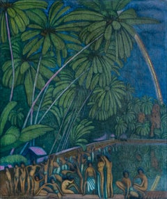 India Oil on Canvas South Jungle 1920's Signed Listed Artist Green Blue Rainbow