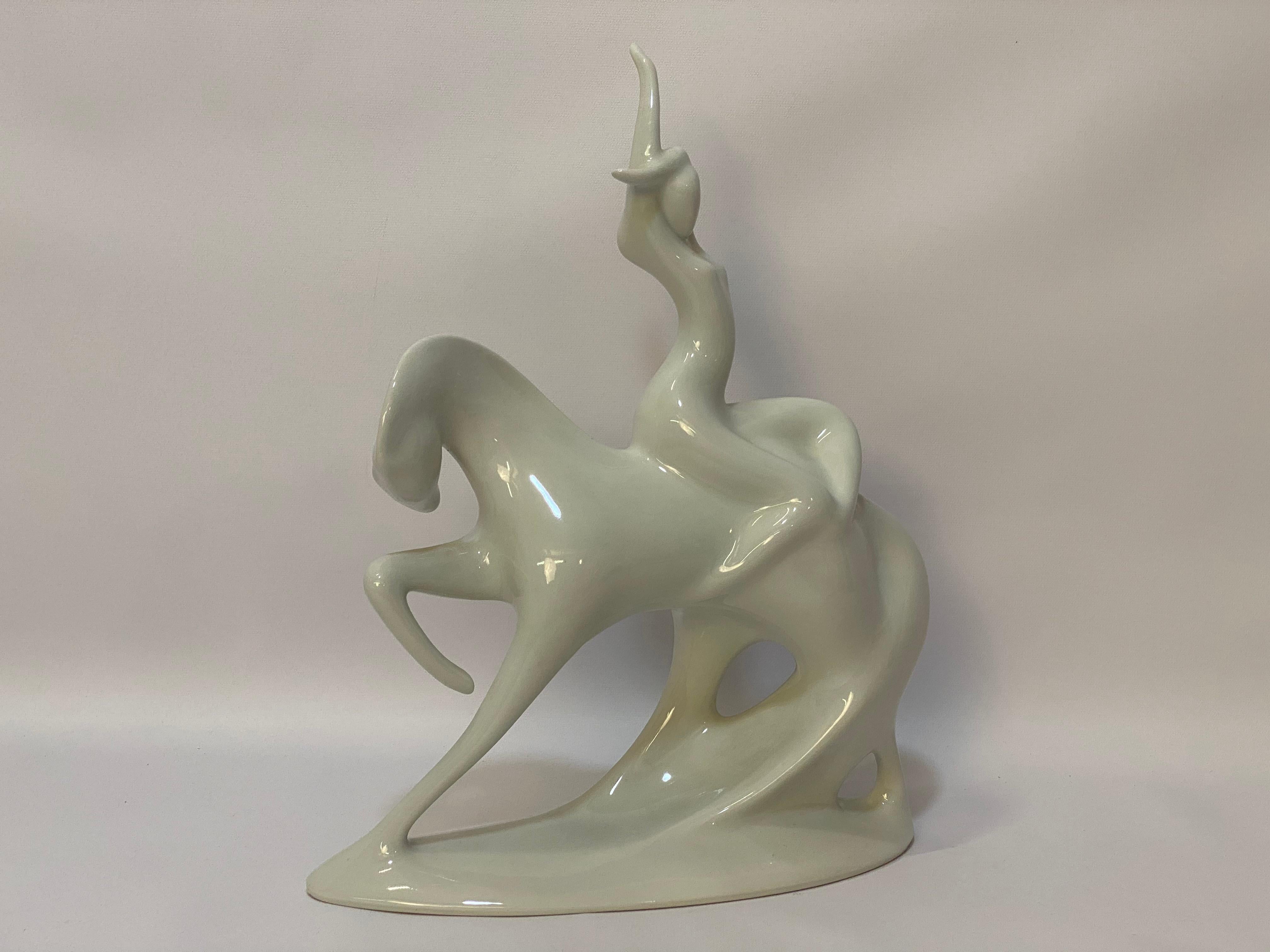 Jaroslav Jezek for Royal Dux 'Lady Godiva' on horseback porcelain sculpture, circa 1958. Beautiful stylized and sensual white porcelain sculpture. Very good condition with no visible chips, cracks, crazing, hairlines or restorations.

Measures: