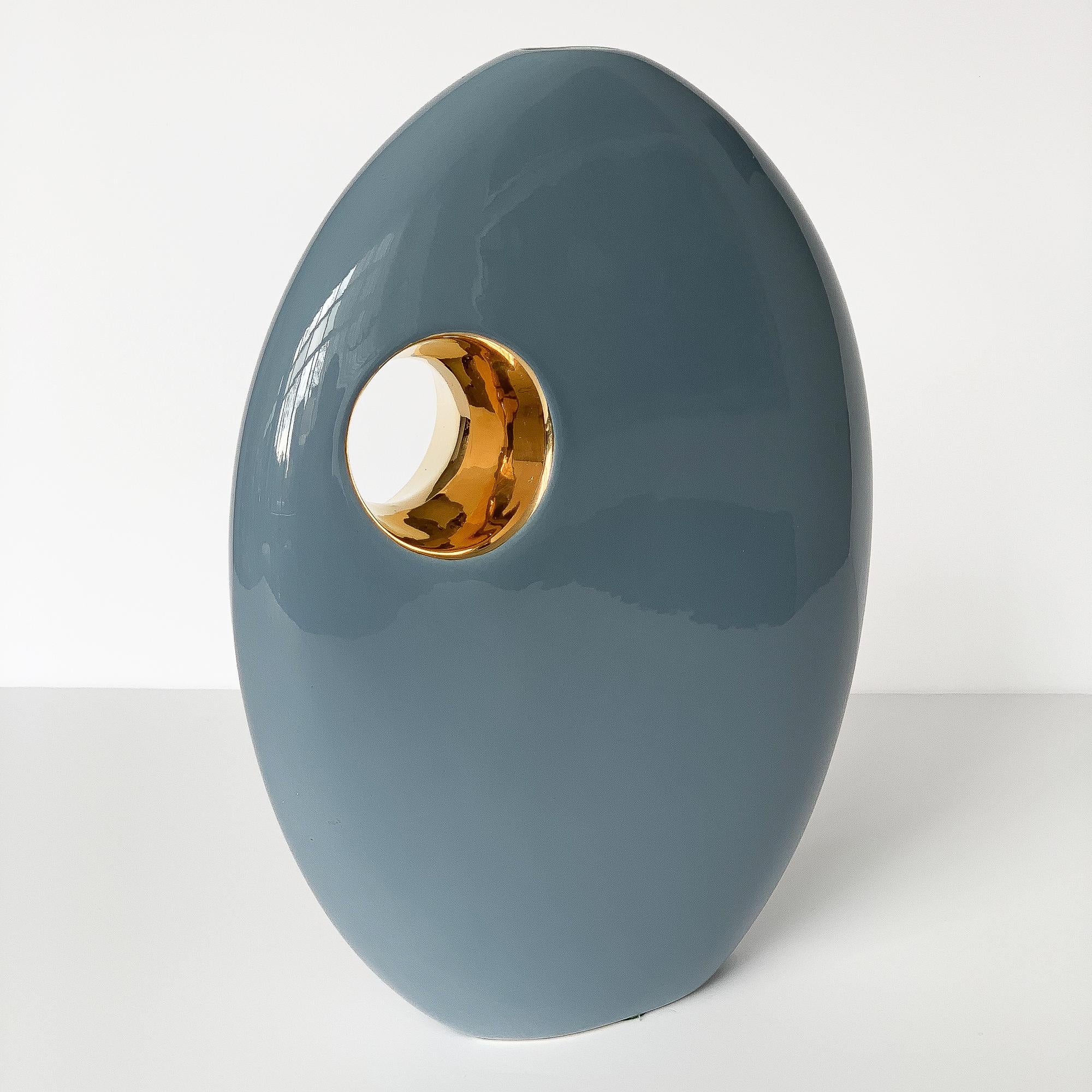 Jaru Blue and Gold Sculptural Ceramic Vase In Excellent Condition In Chicago, IL