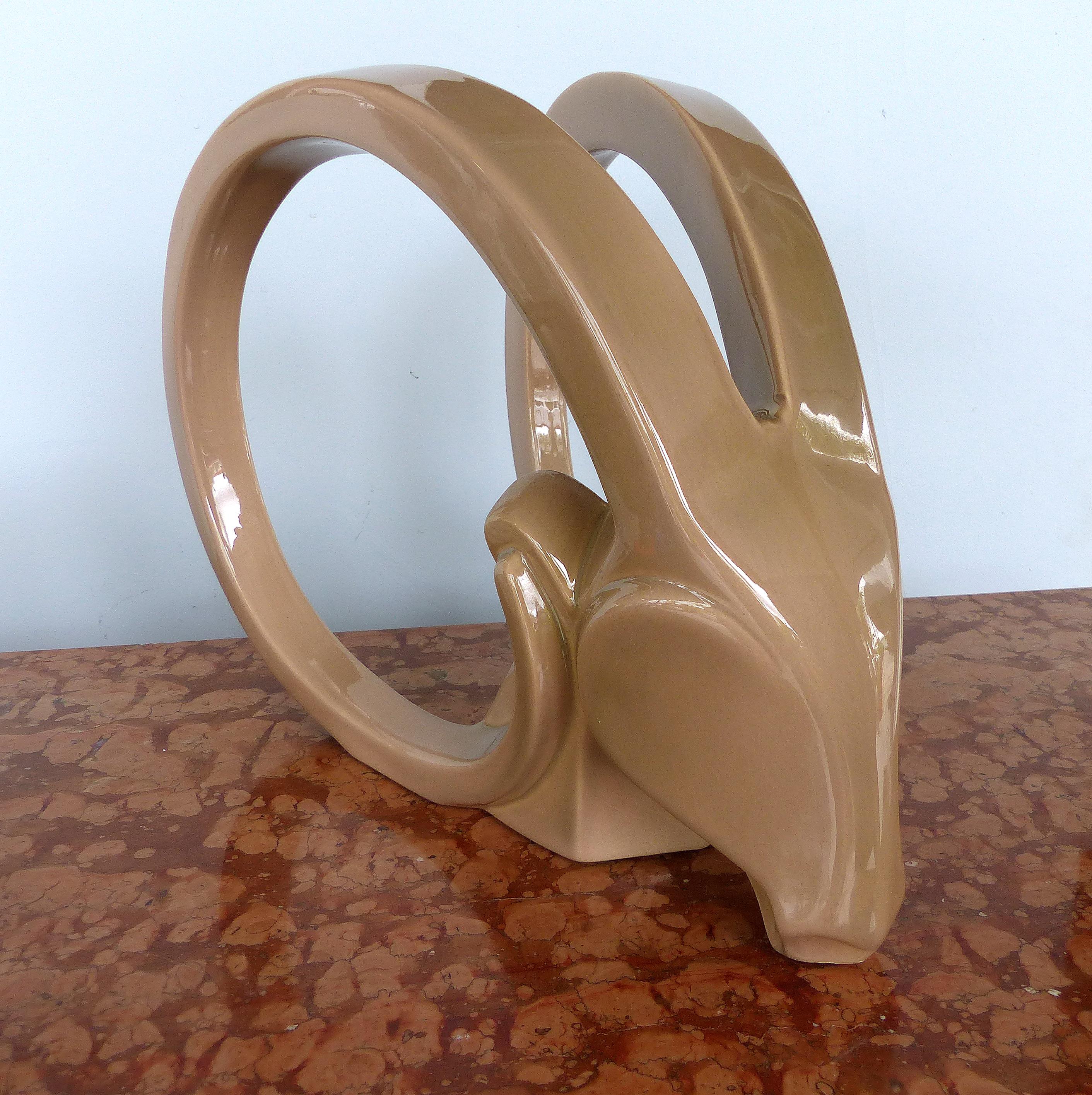 Américain Gazelle en céramique émaillée Jaru / Sculpture de tête de bélier